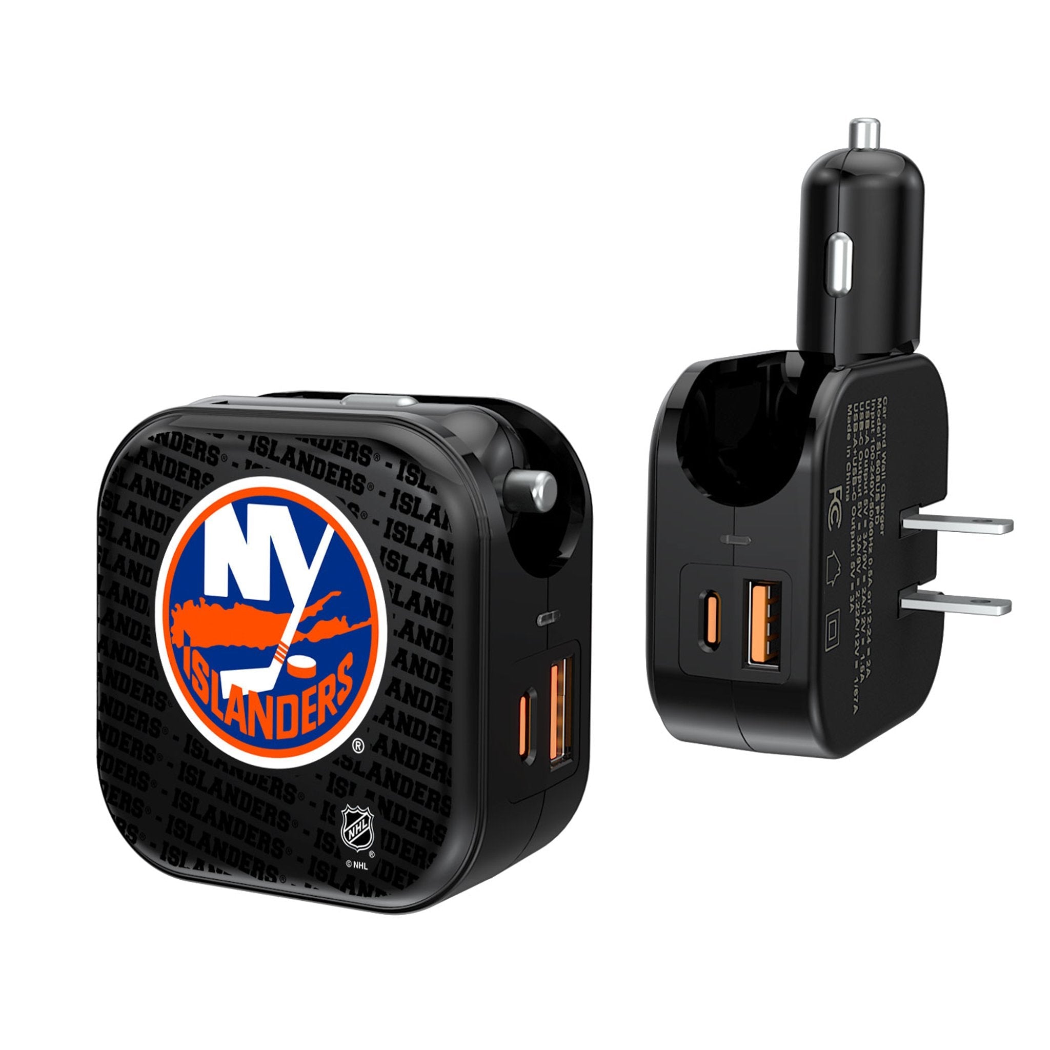 New York Islanders Text Backdrop 2 in 1 USB A/C Charger - Sports Gifts, Sports Memorabilia, Sports Collectibles, Fan Shop