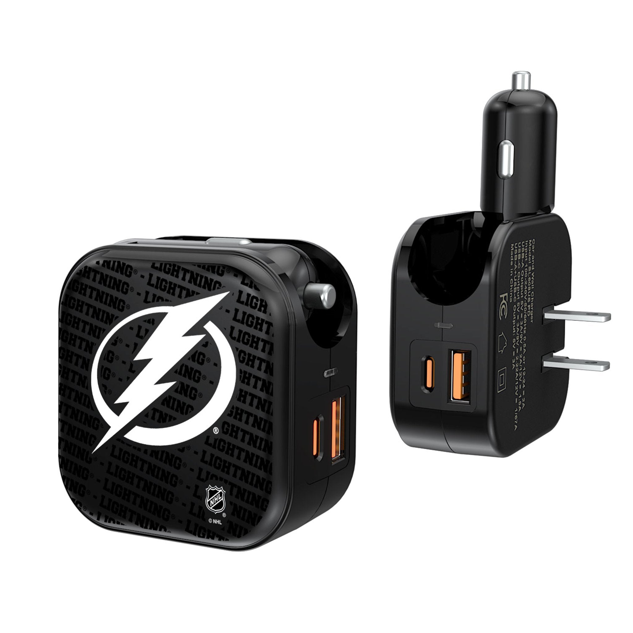 Tampa Bay Lightning Text Backdrop 2 in 1 USB A/C Charger - Sports Gifts, Sports Memorabilia, Sports Collectibles, Fan Shop