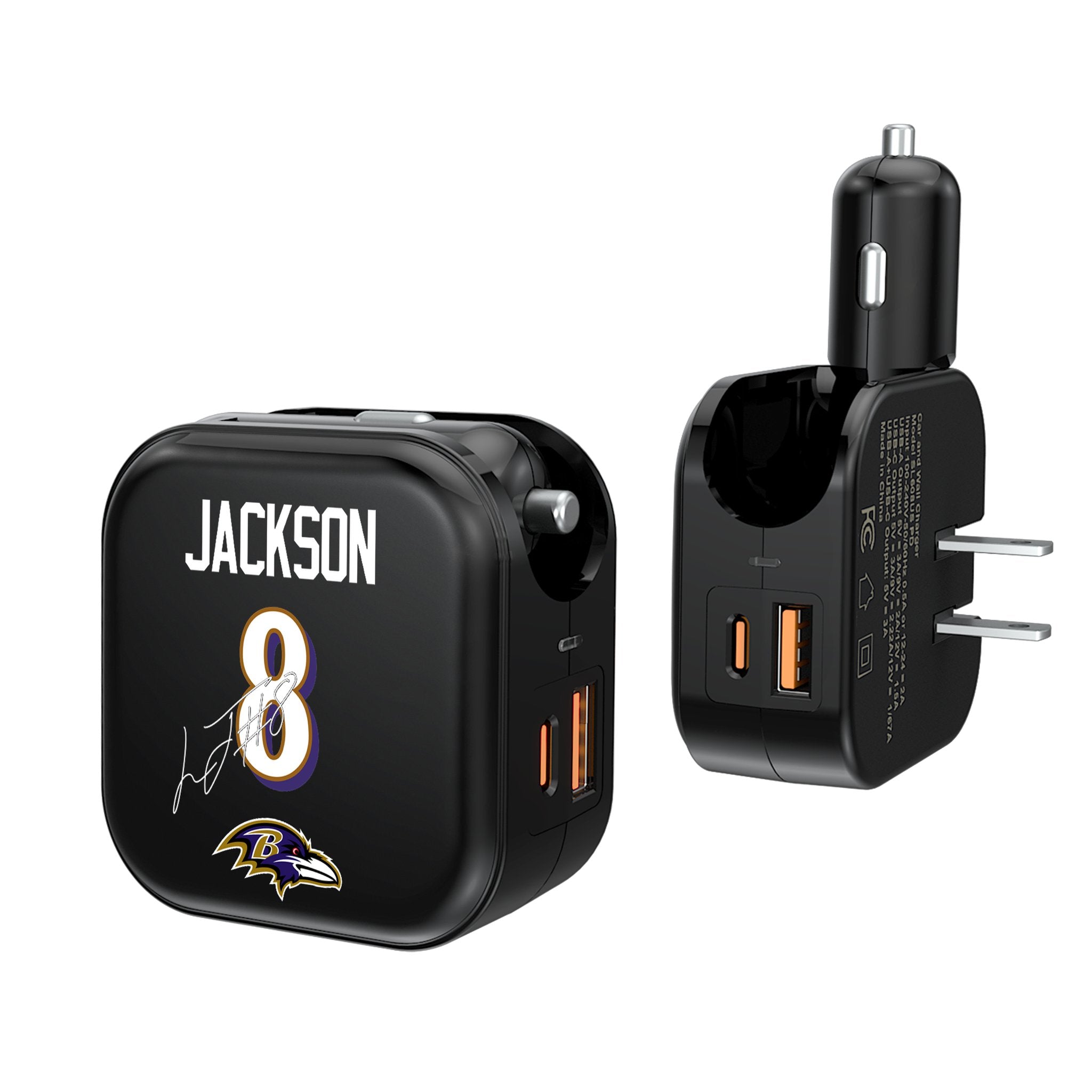Lamar Jackson Baltimore Ravens 8 Ready 2 in 1 USB A/C Charger - Sports Gifts, Sports Memorabilia, Sports Collectibles, Fan Shop