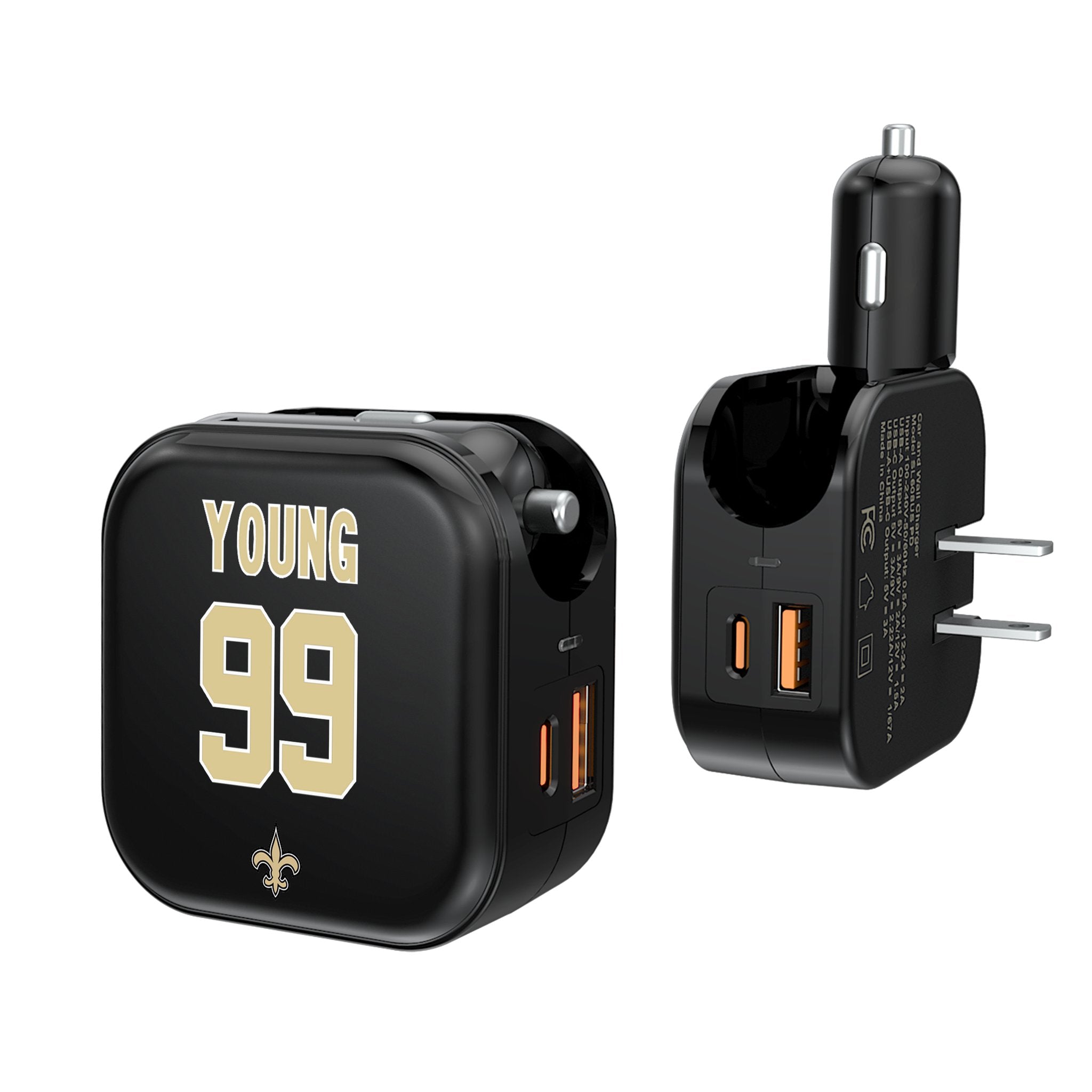 Chase Young New Orleans Saints 99 Ready 2 in 1 USB A/C Charger - Sports Gifts, Sports Memorabilia, Sports Collectibles, Fan Shop