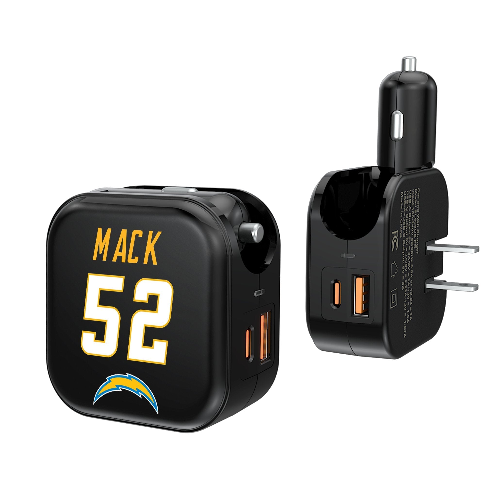 Khalil Mack Los Angeles Chargers 52 Ready 2 in 1 USB A/C Charger - Sports Gifts, Sports Memorabilia, Sports Collectibles, Fan Shop