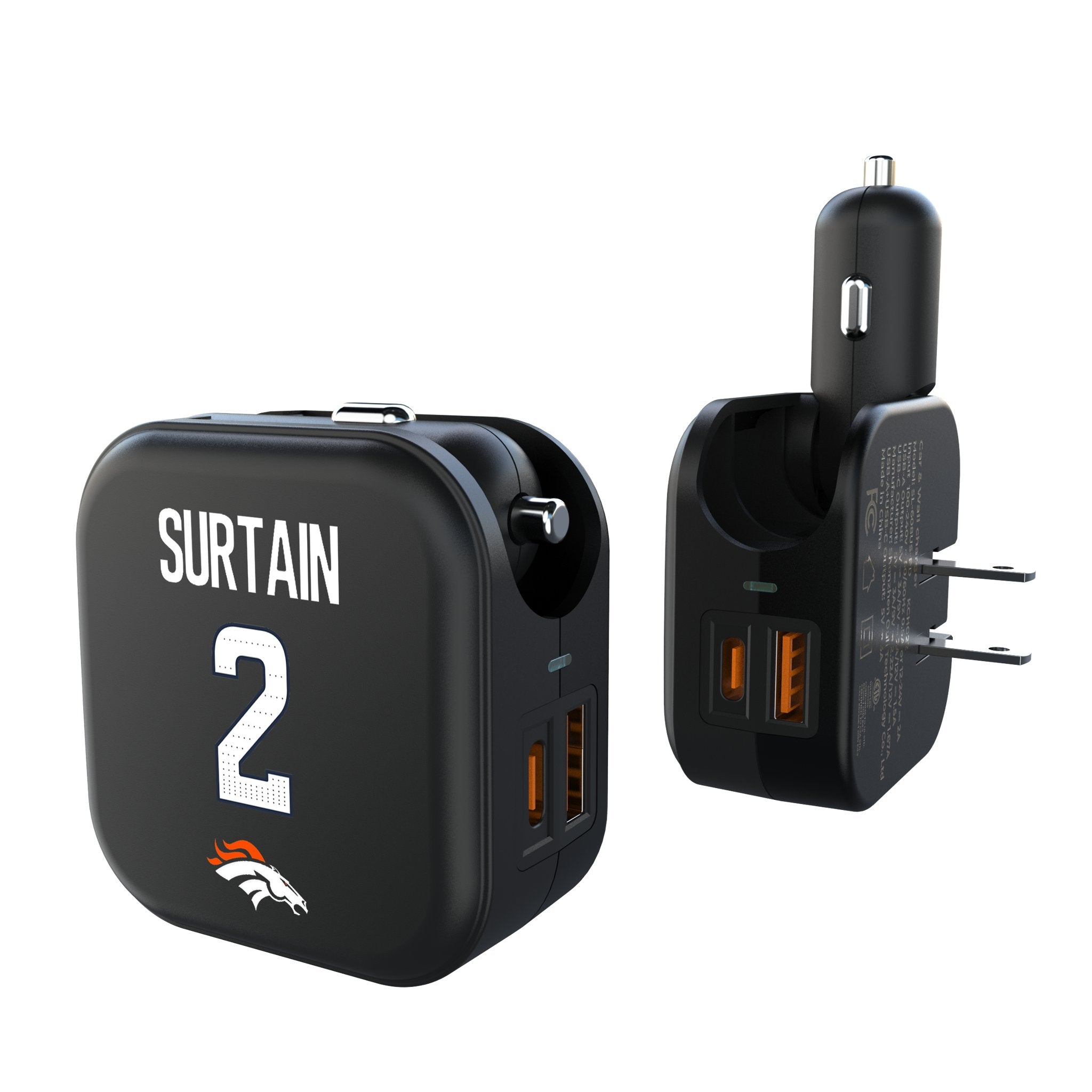 Pat Surtain II Denver Broncos 2 Game Tactic 2 in 1 USB A/C Charger - Sports Gifts, Sports Memorabilia, Sports Collectibles, Fan Shop