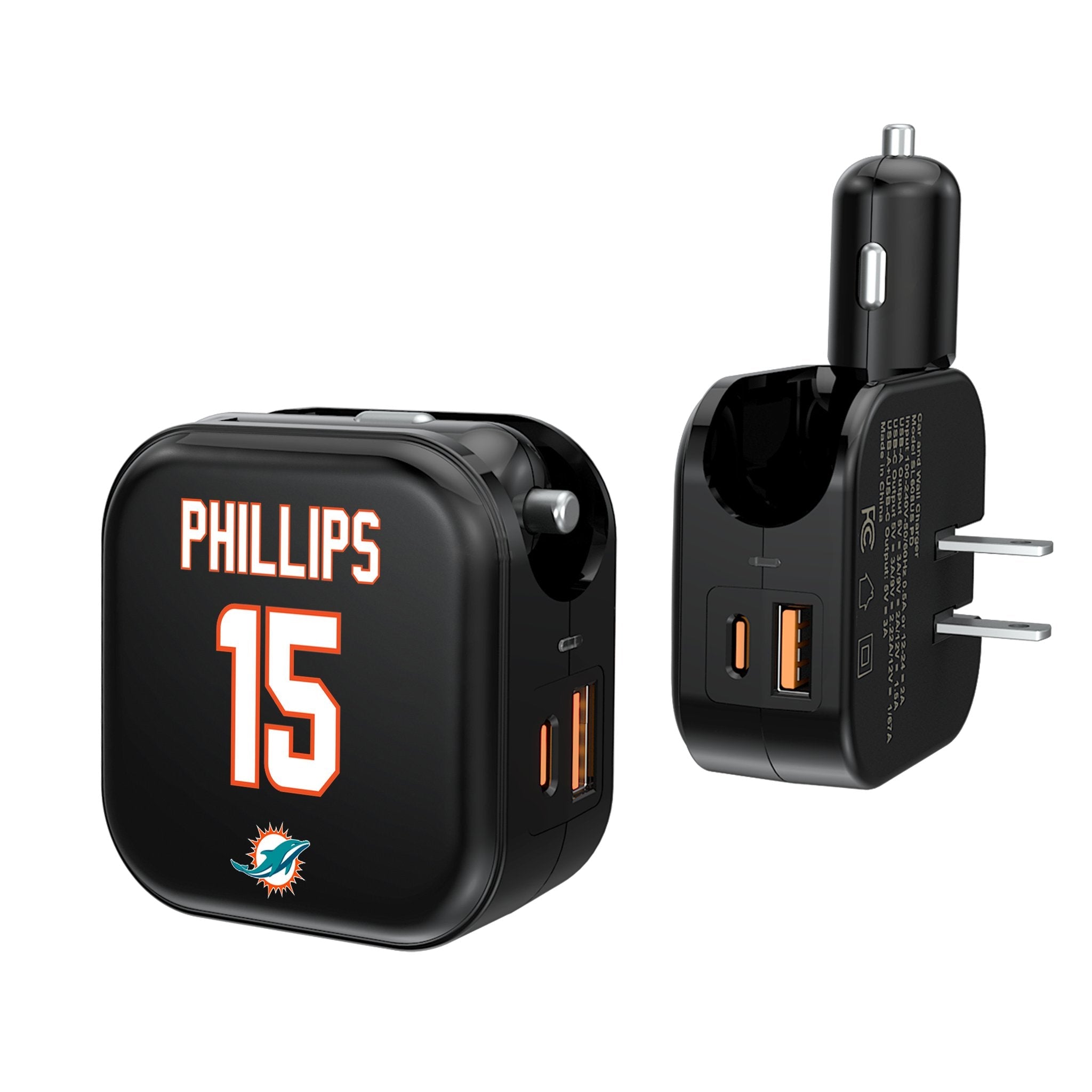 Jaelan Phillips Miami Dolphins 15 Ready 2 in 1 USB A/C Charger - Sports Gifts, Sports Memorabilia, Sports Collectibles, Fan Shop