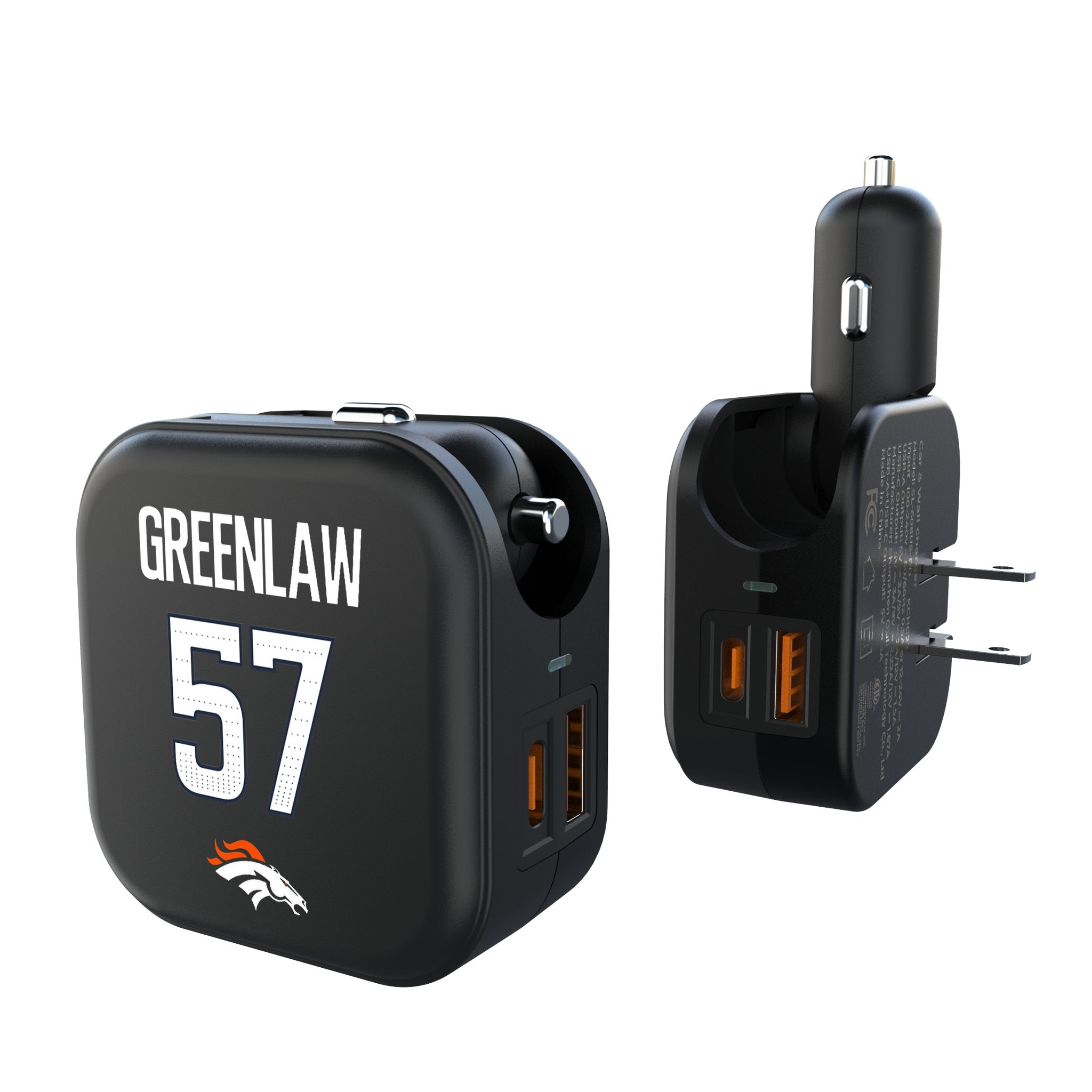 Dre Greenlaw Denver Broncos 57 Game Tactic 2 in 1 USB A/C Charger - Sports Gifts, Sports Memorabilia, Sports Collectibles, Fan Shop