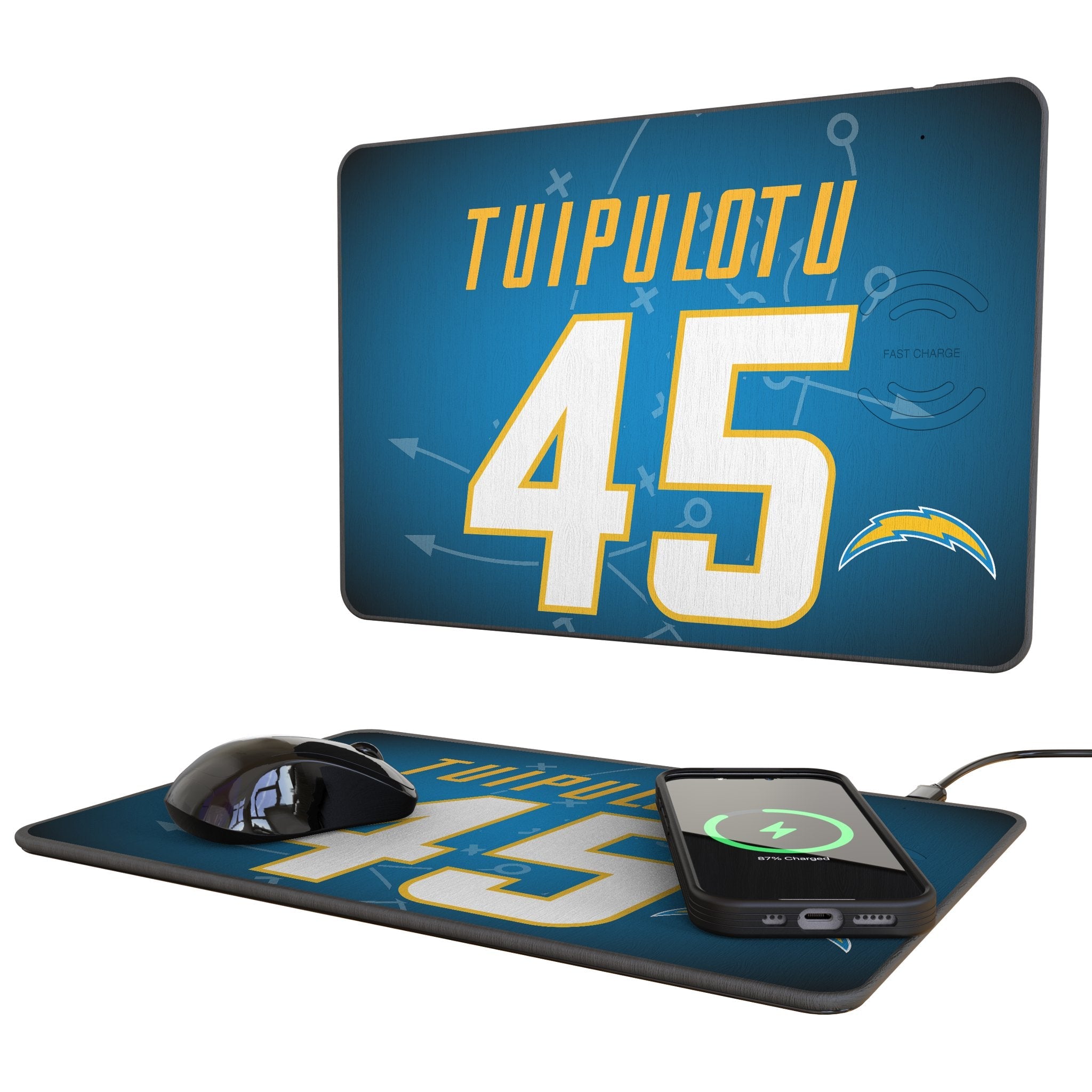 Tuli Tuipulotu Los Angeles Chargers 45 Game Tactic 15-Watt Wireless Charger and Mouse Pad - Sports Gifts, Sports Memorabilia, Sports Collectibles, Fan Shop