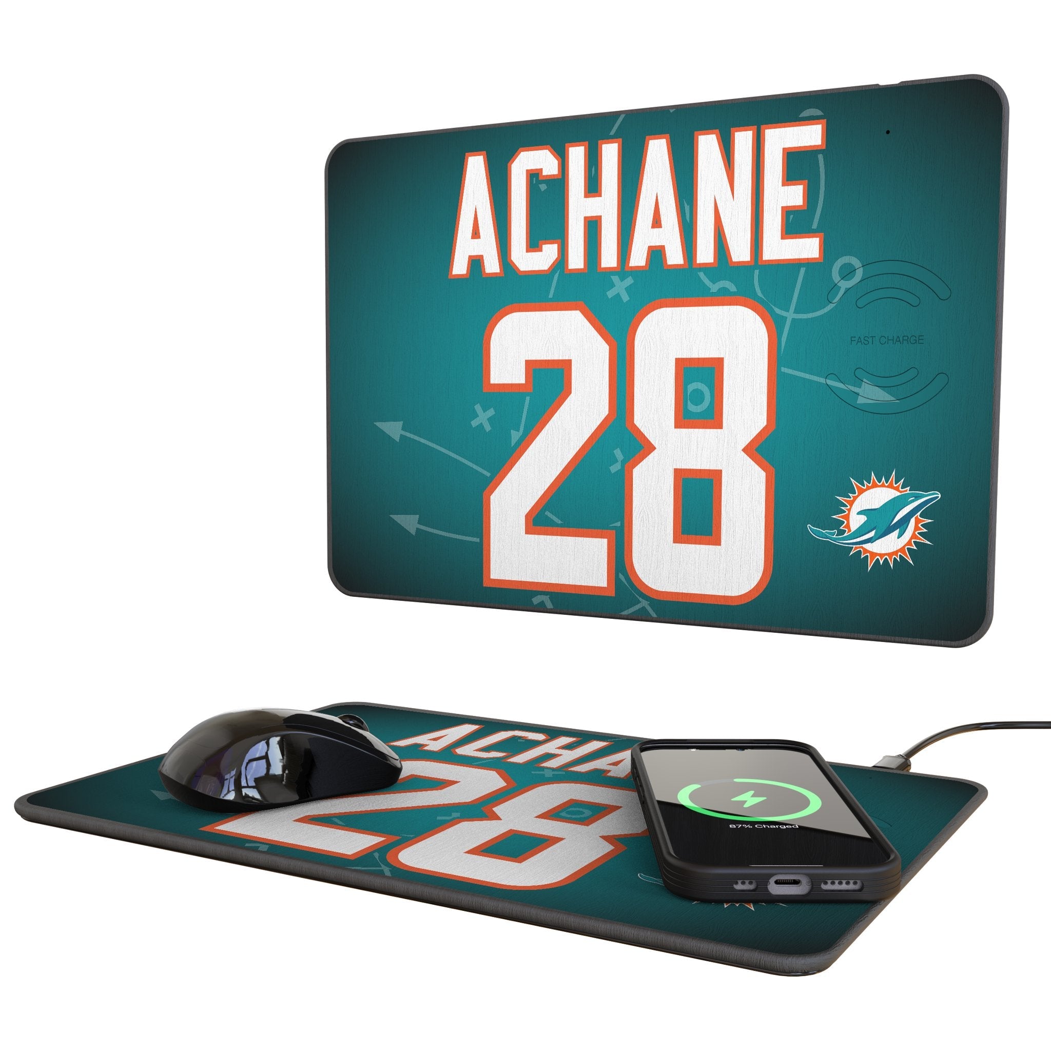 De'Von Achane Miami Dolphins 28 Game Tactic 15-Watt Wireless Charger and Mouse Pad - Sports Gifts, Sports Memorabilia, Sports Collectibles, Fan Shop