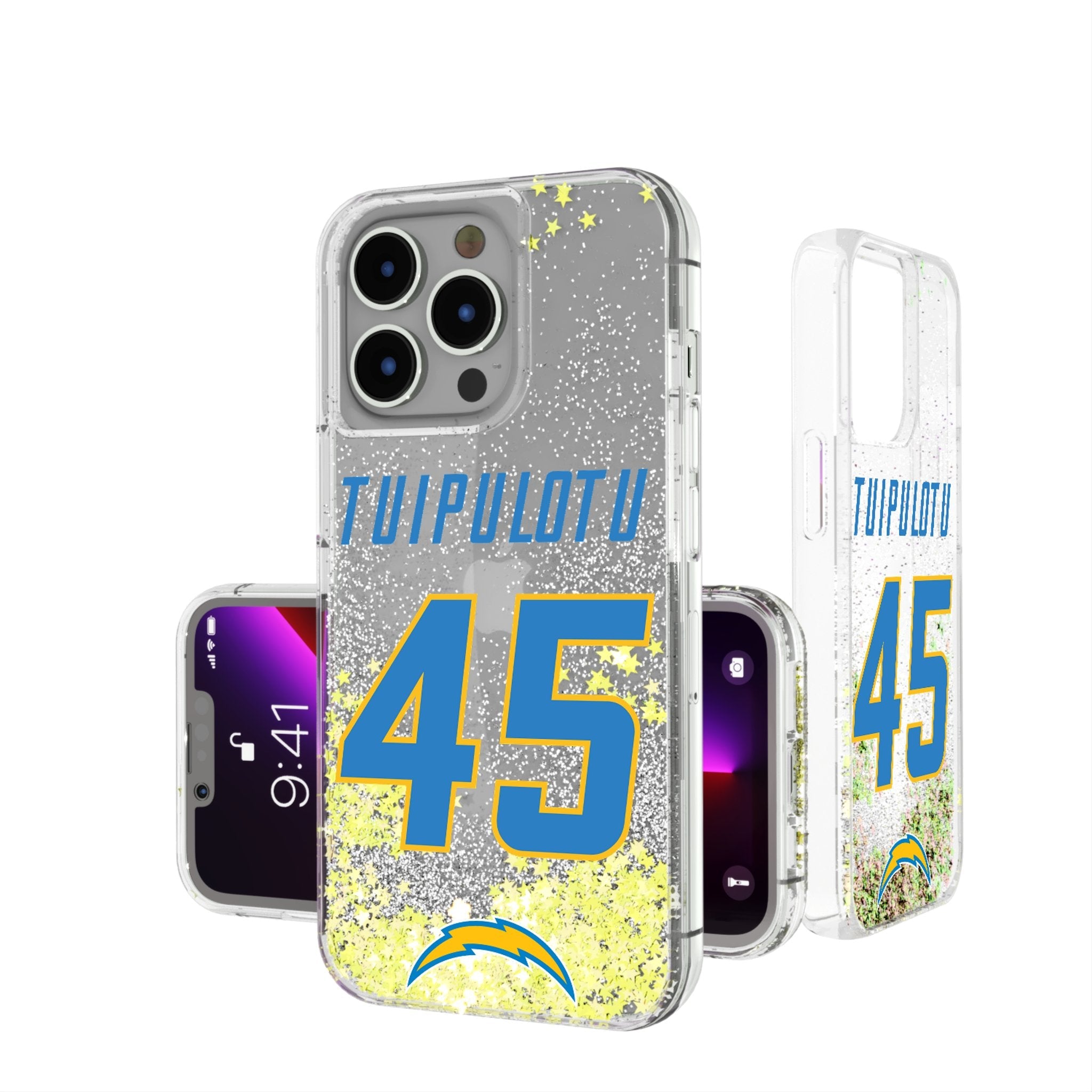 Tuli Tuipulotu Los Angeles Chargers 45 Ready Glitter Phone Case - Sports Gifts, Sports Memorabilia, Sports Collectibles, Fan Shop