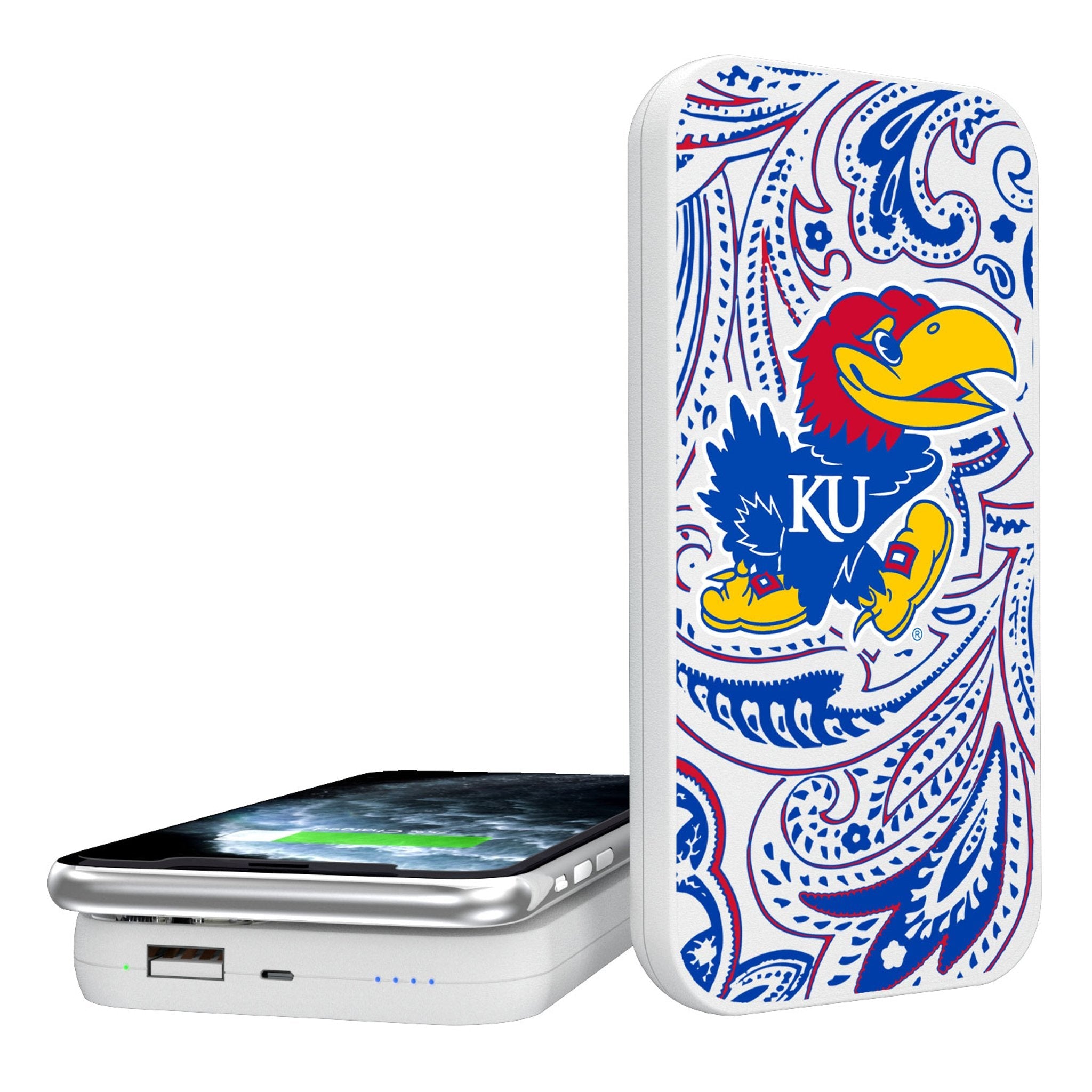 University of Kansas Jayhawks Paisley 5000mAh Portable Wireless Charger - Sports Gifts, Sports Memorabilia, Sports Collectibles, Fan Shop