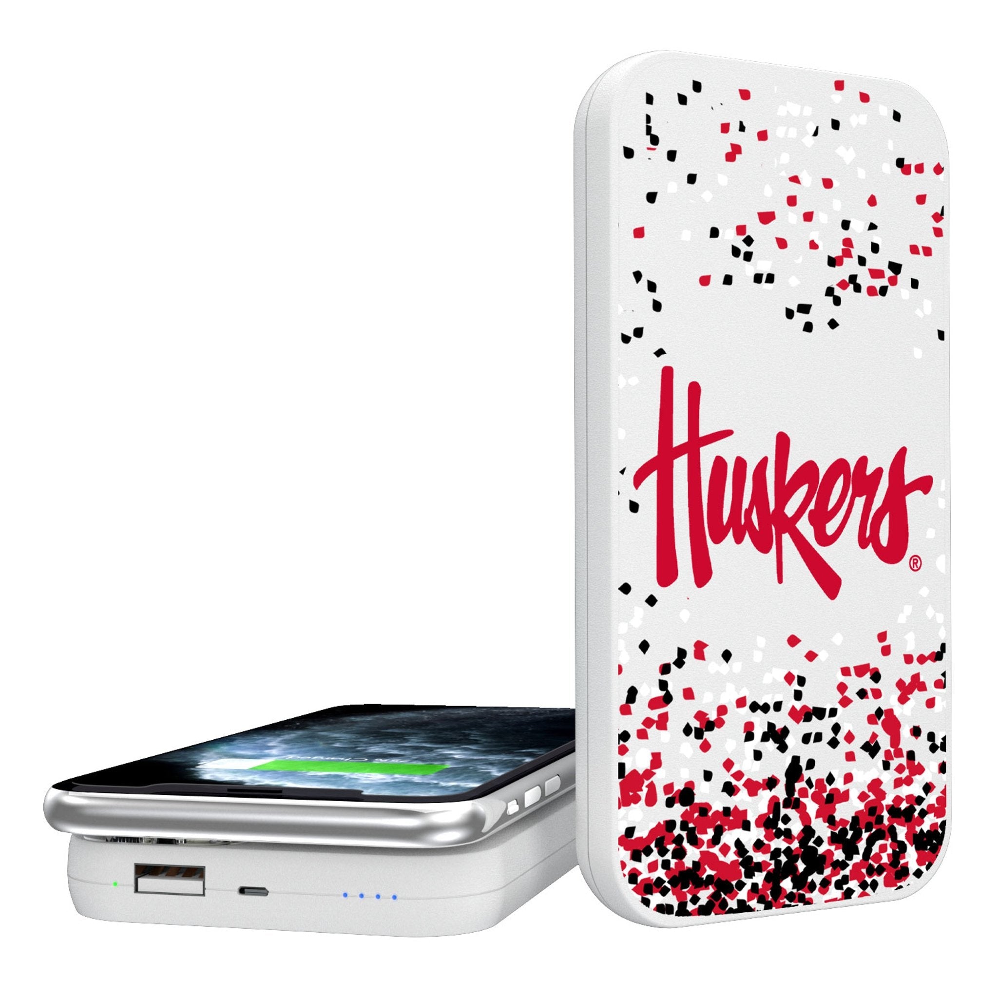 University of Nebraska Huskers Confetti 5000mAh Portable Wireless Charger - Sports Gifts, Sports Memorabilia, Sports Collectibles, Fan Shop