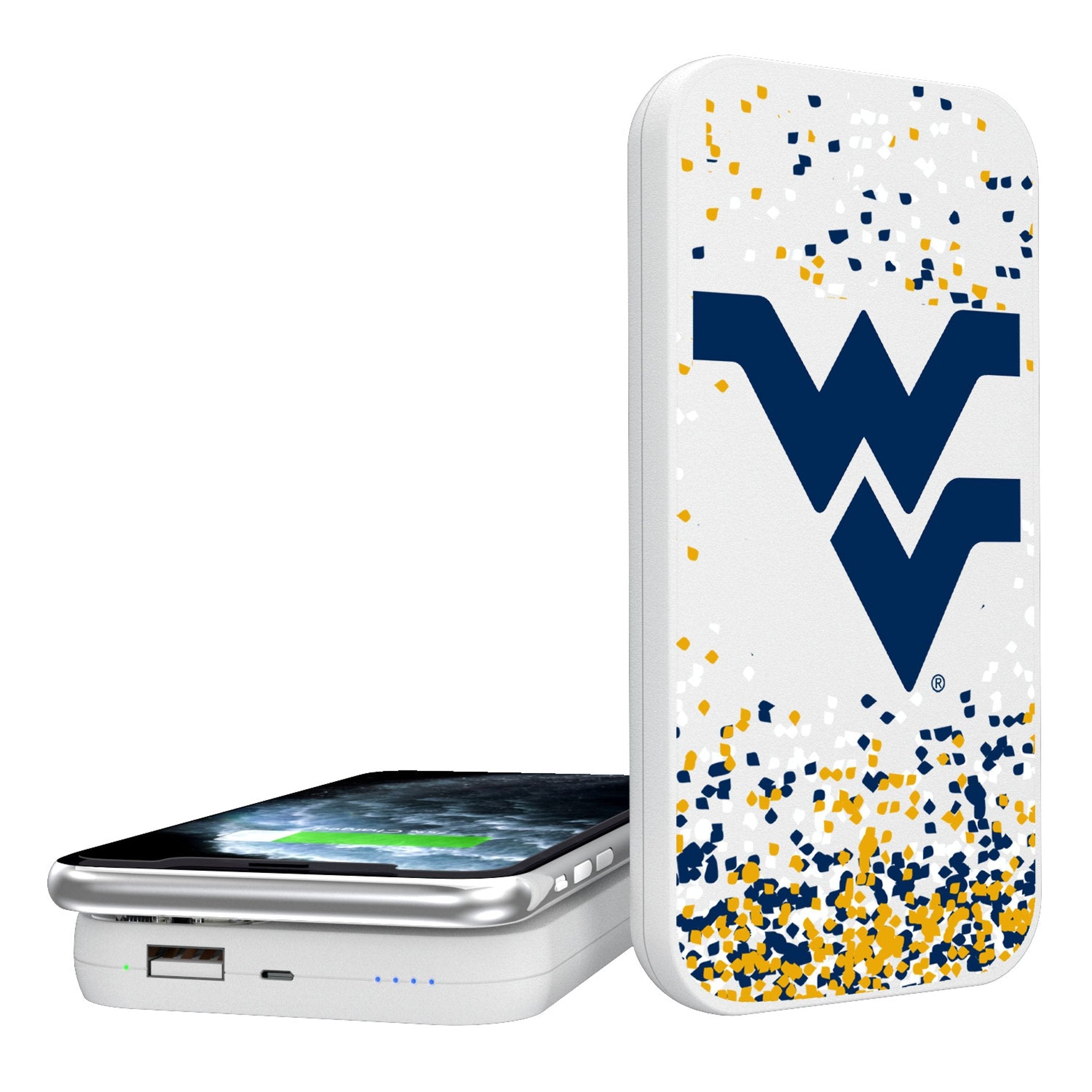 West Virginia University Mountaineers Confetti 5000mAh Portable Wireless Charger - Sports Gifts, Sports Memorabilia, Sports Collectibles, Fan Shop