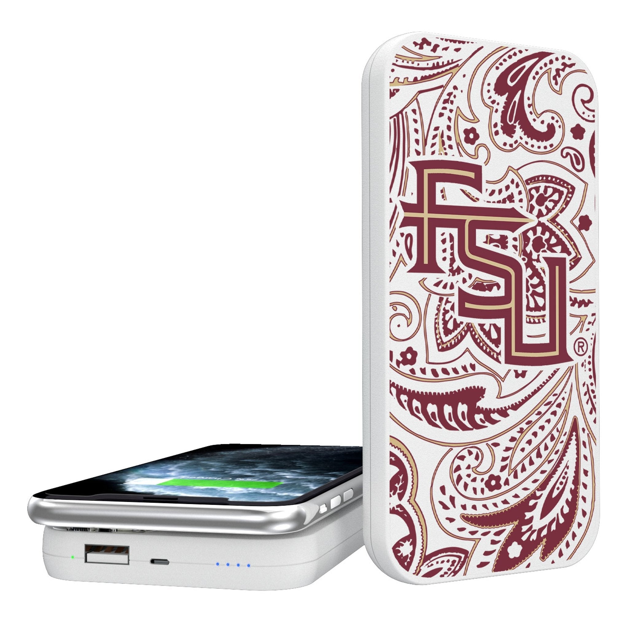 Florida State University Seminoles Athletic Wordmark Paisley 5000mAh Portable Wireless Charger - Sports Gifts, Sports Memorabilia, Sports Collectibles, Fan Shop