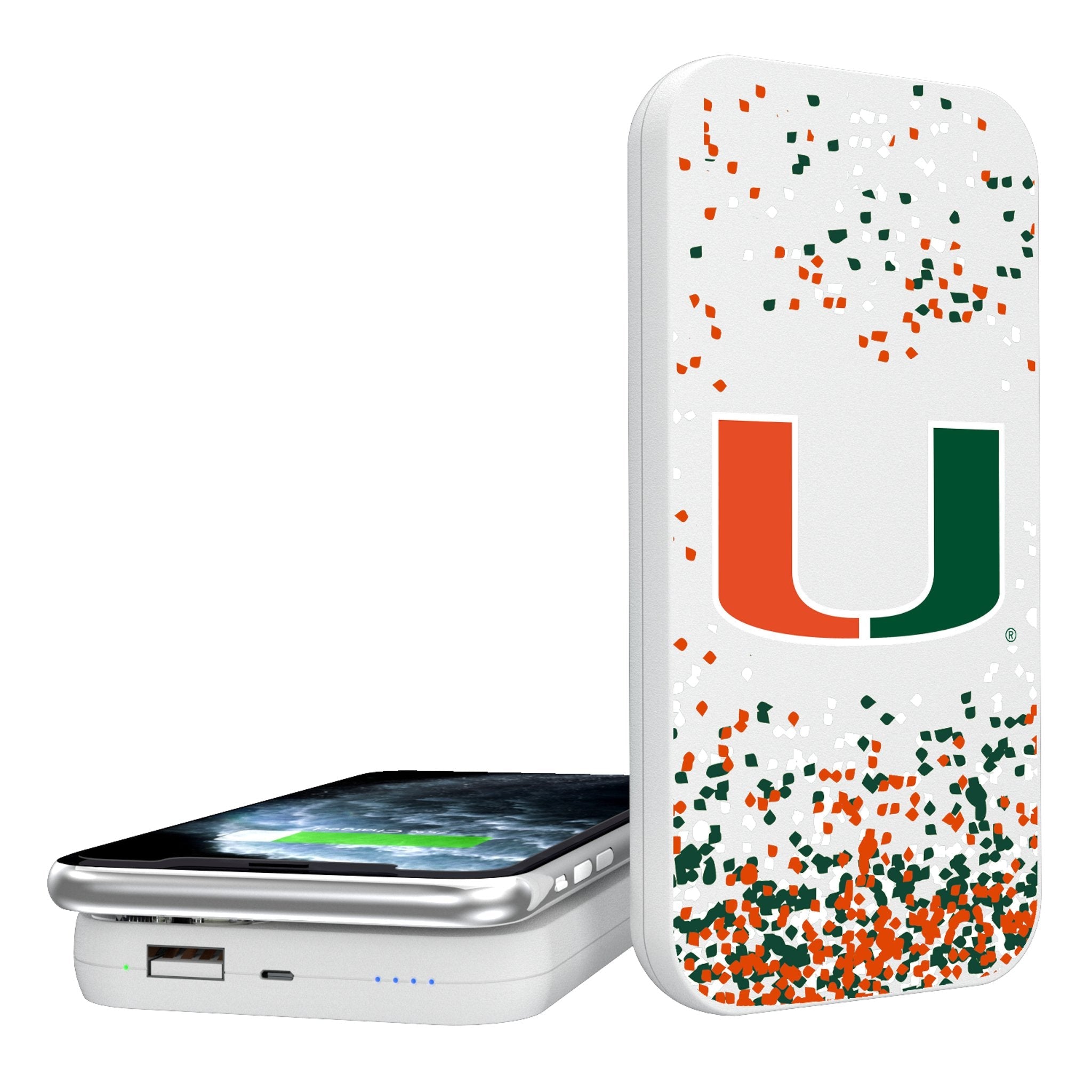 University of Miami Hurricanes Confetti 5000mAh Portable Wireless Charger - Sports Gifts, Sports Memorabilia, Sports Collectibles, Fan Shop