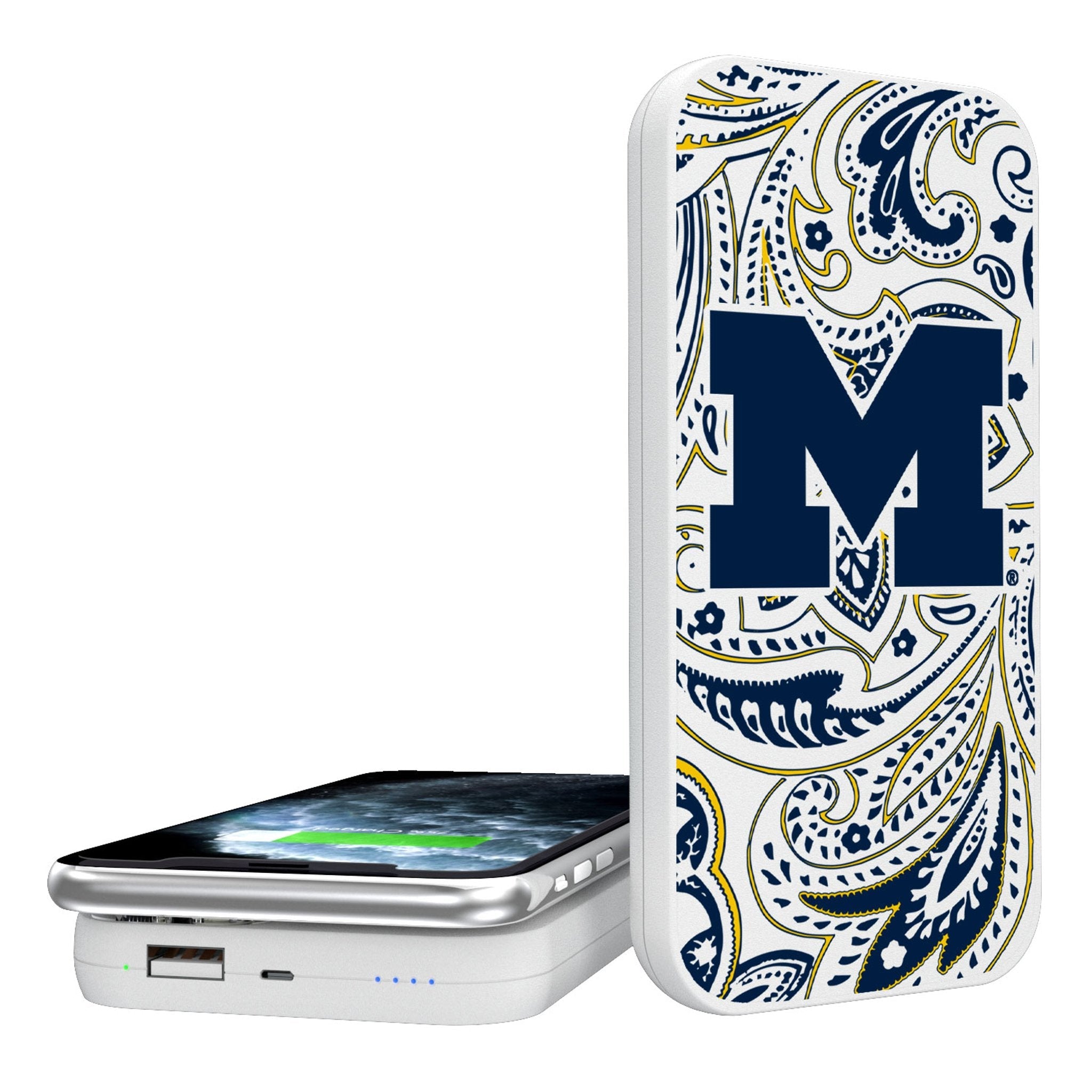 University of Michigan Wolverines Paisley 5000mAh Portable Wireless Charger - Sports Gifts, Sports Memorabilia, Sports Collectibles, Fan Shop