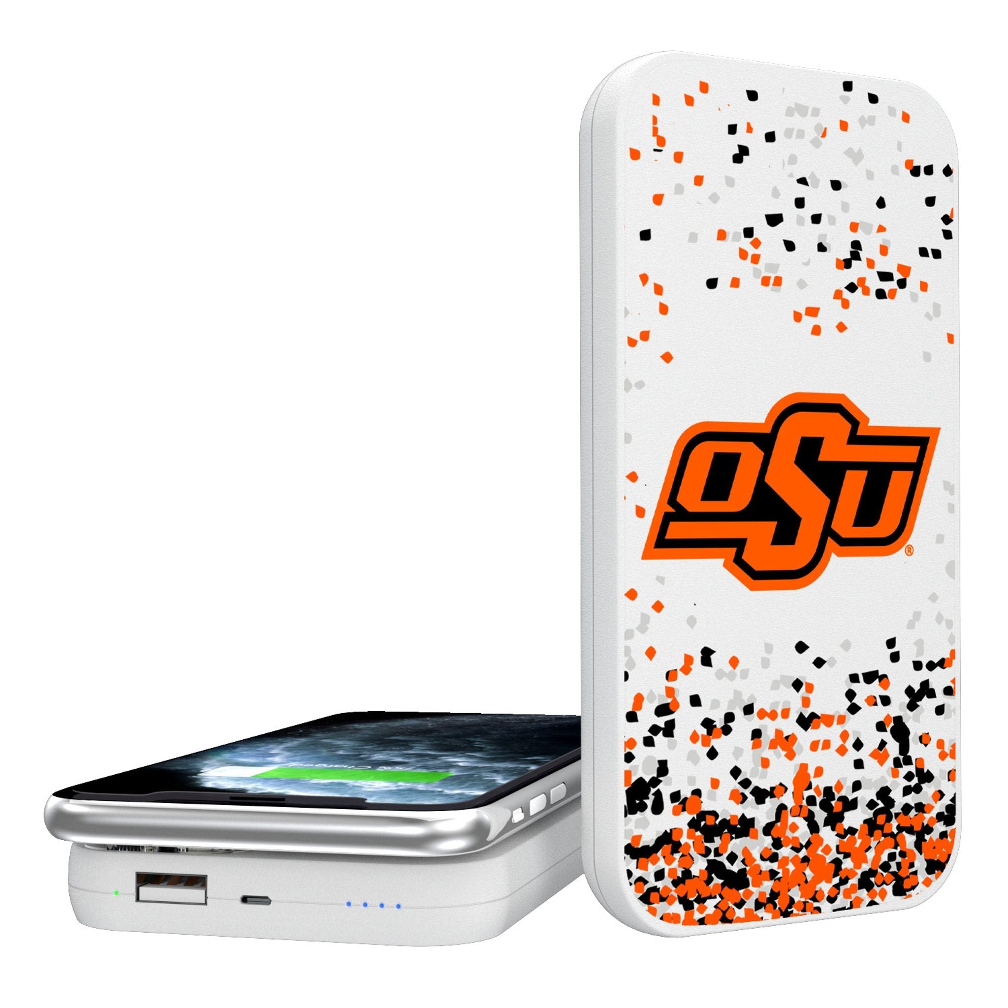 Oklahoma State University Cowboys Confetti 5000mAh Portable Wireless Charger - Sports Gifts, Sports Memorabilia, Sports Collectibles, Fan Shop