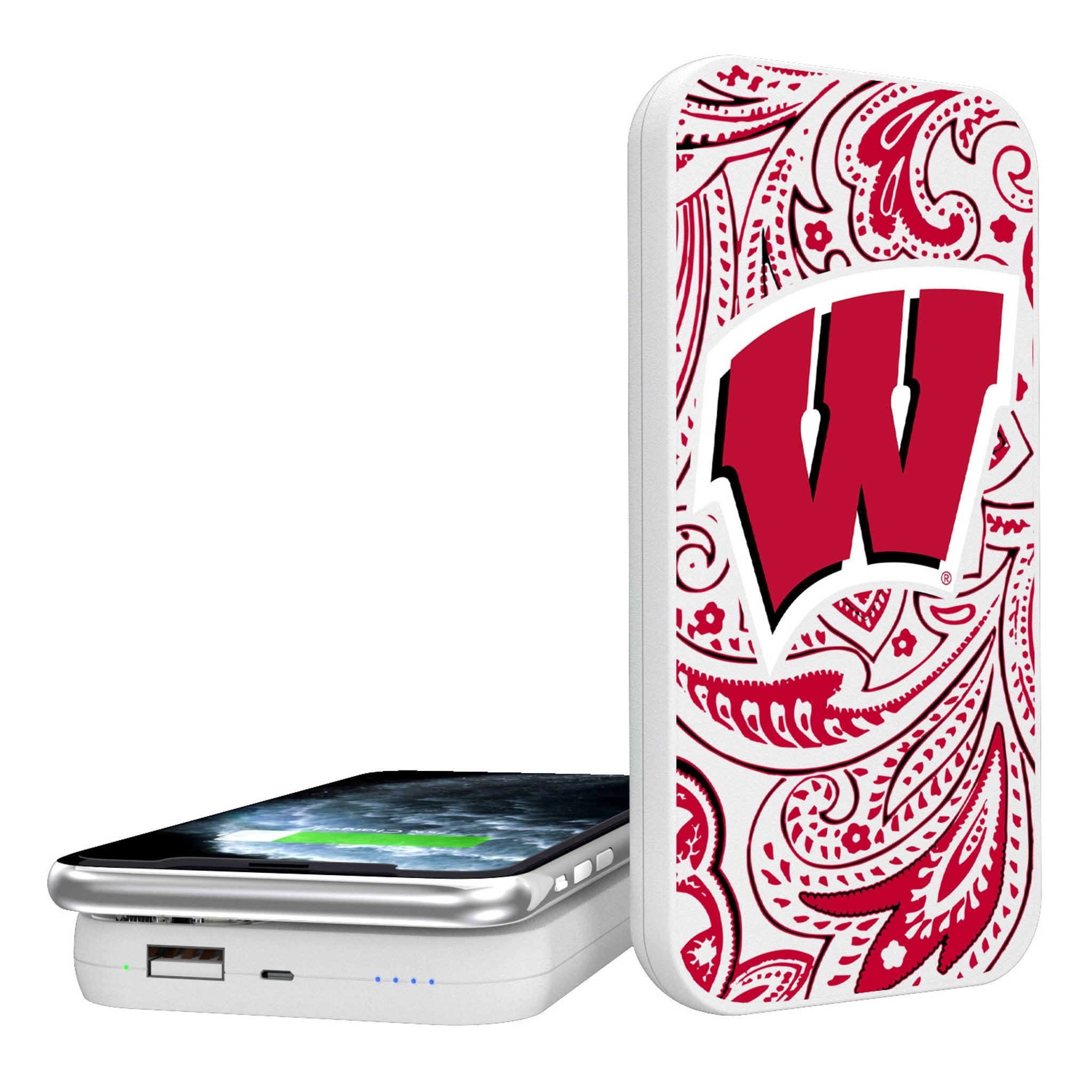 University of Wisconsin Badgers Paisley 5000mAh Portable Wireless Charger - Sports Gifts, Sports Memorabilia, Sports Collectibles, Fan Shop