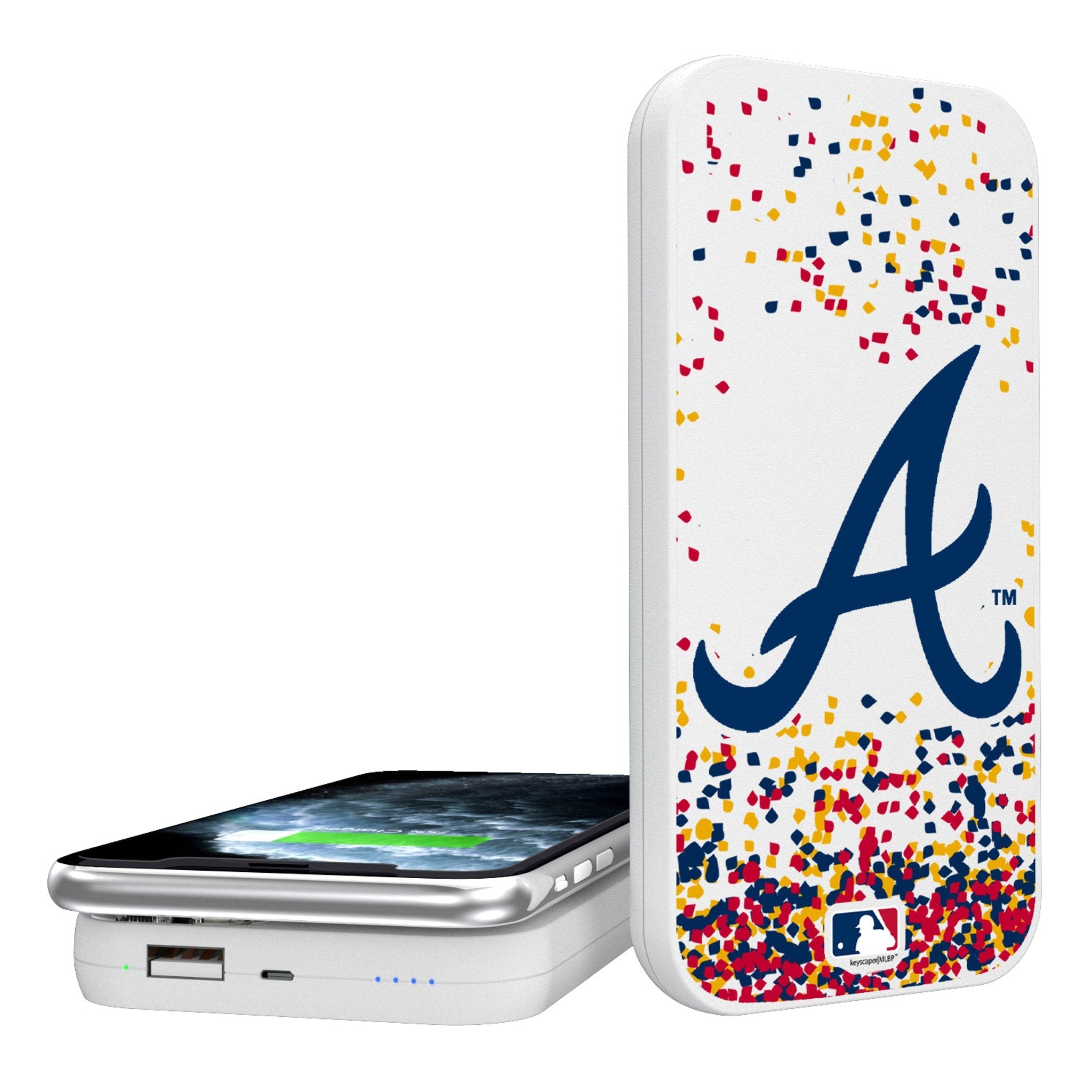 Atlanta Braves Confetti 5000mAh Portable Wireless Charger - Sports Gifts, Sports Memorabilia, Sports Collectibles, Fan Shop
