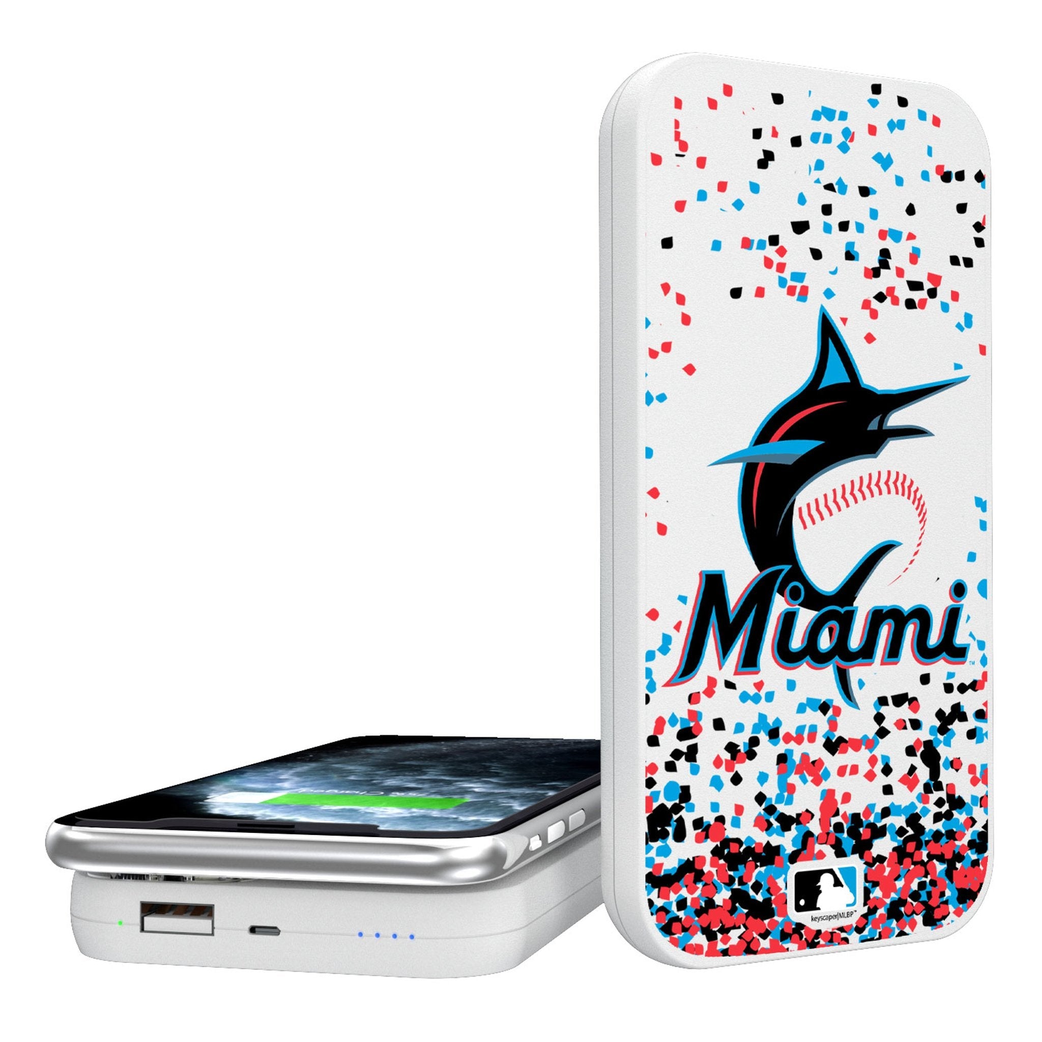Miami Marlins Confetti 5000mAh Portable Wireless Charger - Sports Gifts, Sports Memorabilia, Sports Collectibles, Fan Shop