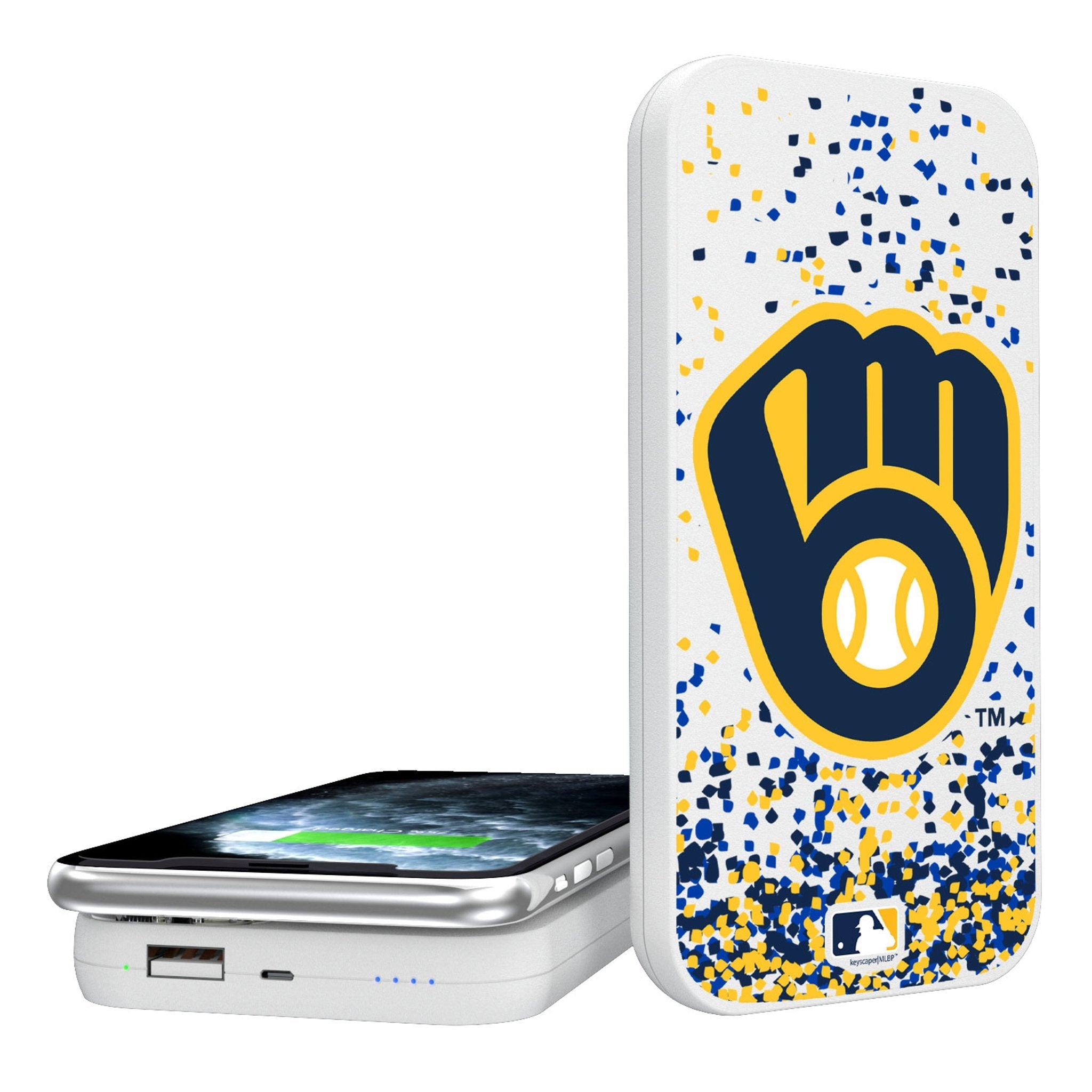 Milwaukee Brewers Confetti 5000mAh Portable Wireless Charger - Sports Gifts, Sports Memorabilia, Sports Collectibles, Fan Shop