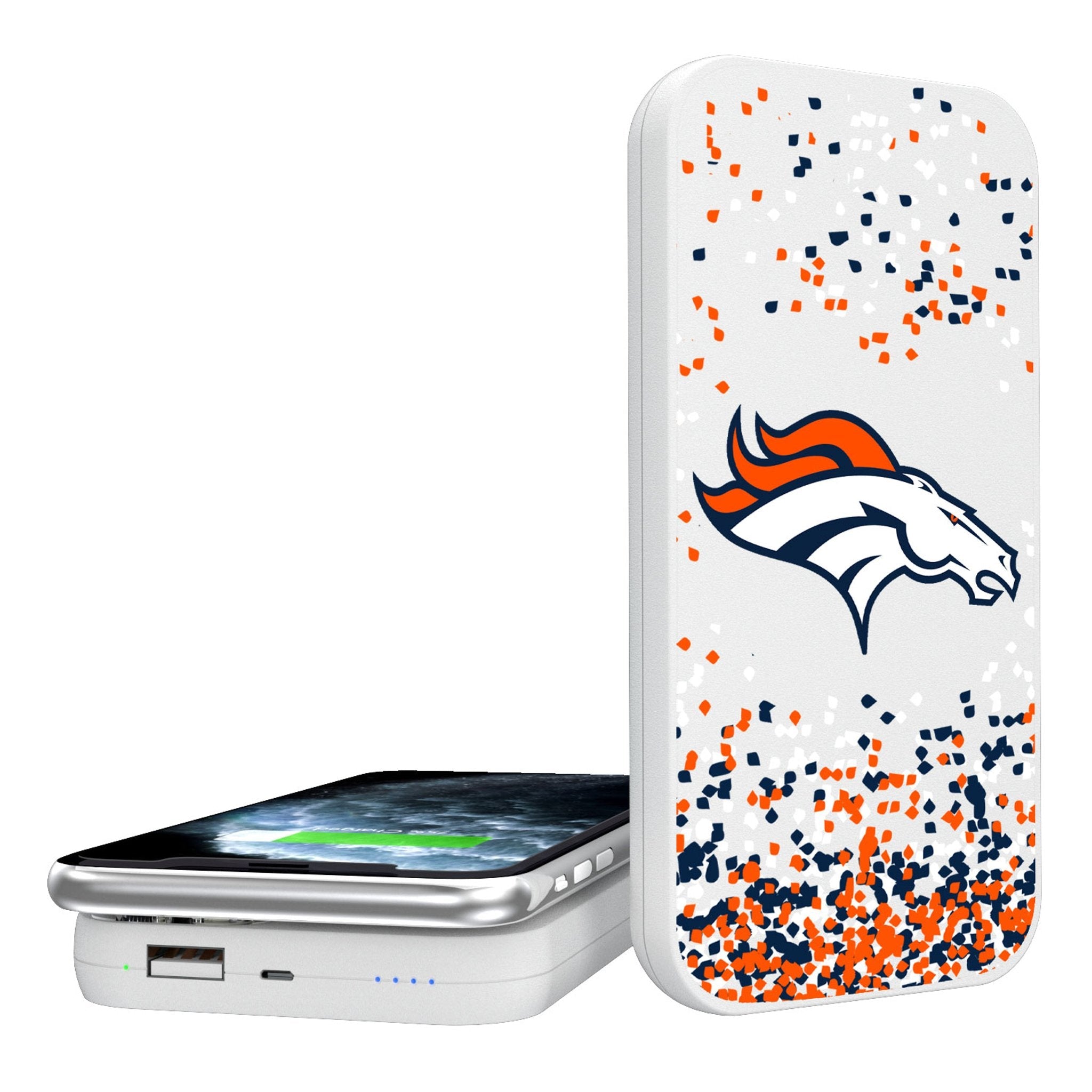Denver Broncos Confetti 5000mAh Portable Wireless Charger - Sports Gifts, Sports Memorabilia, Sports Collectibles, Fan Shop
