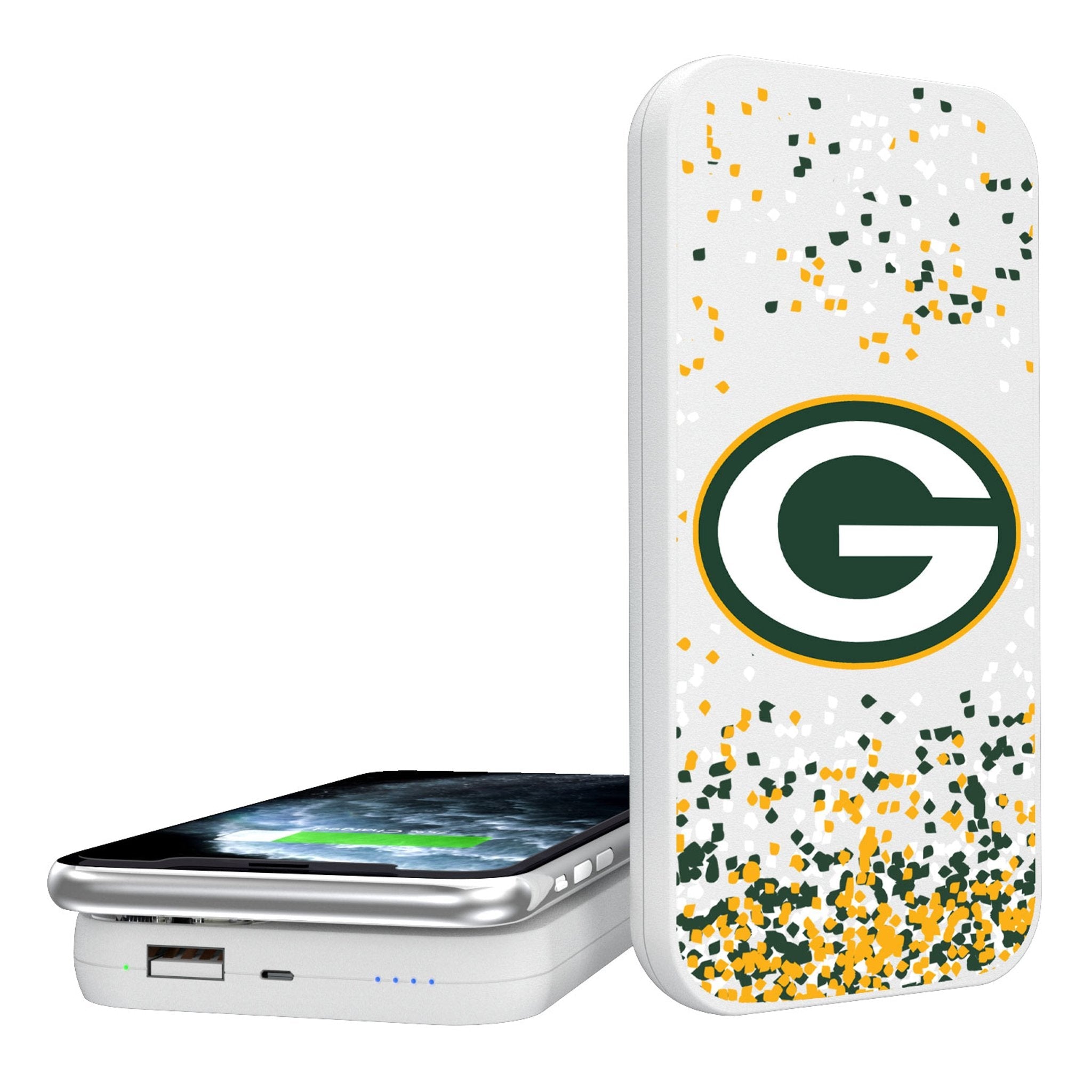 Green Bay Packers Confetti 5000mAh Portable Wireless Charger - Sports Gifts, Sports Memorabilia, Sports Collectibles, Fan Shop