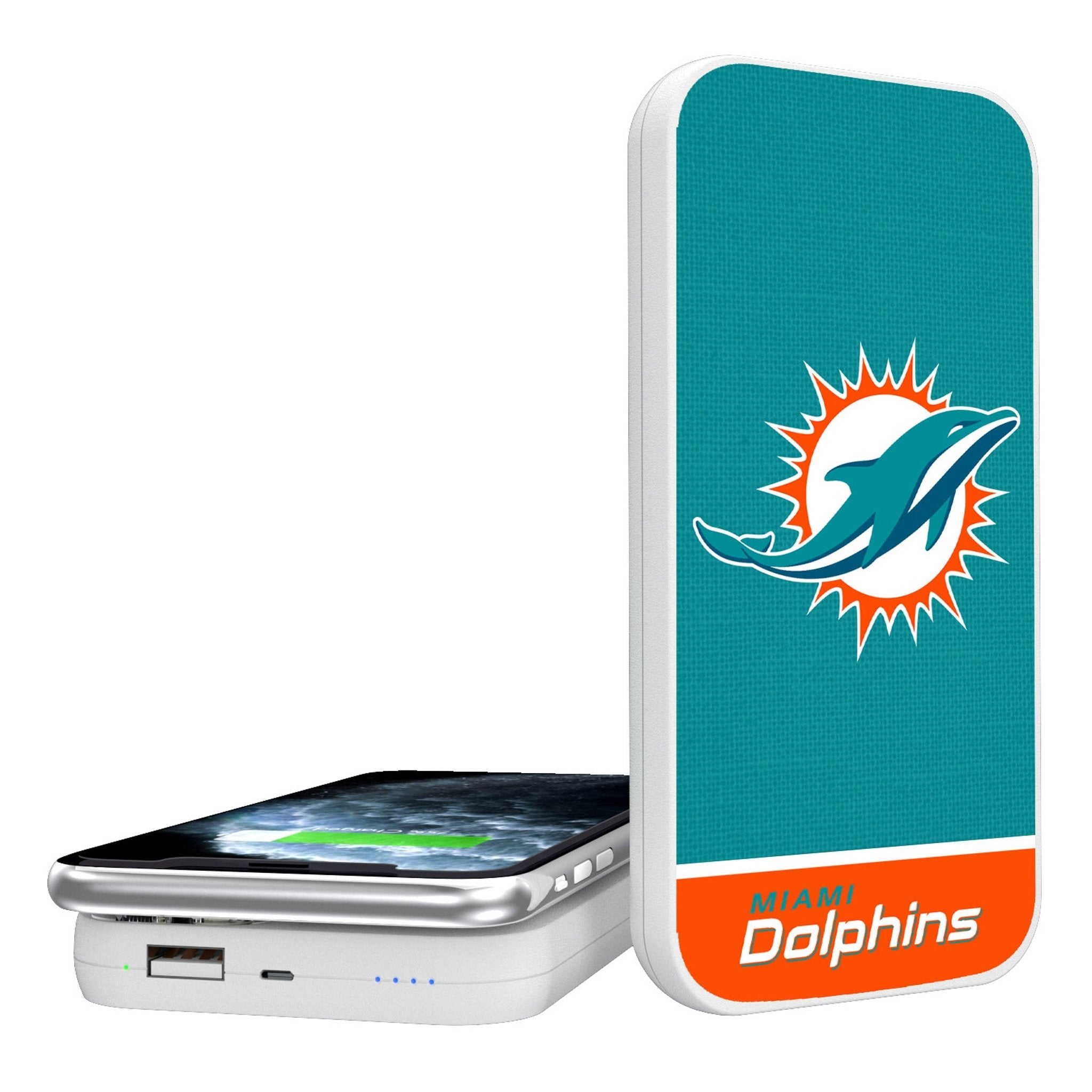 Miami Dolphins Endzone Solid 5000mAh Portable Wireless Charger - Sports Gifts, Sports Memorabilia, Sports Collectibles, Fan Shop