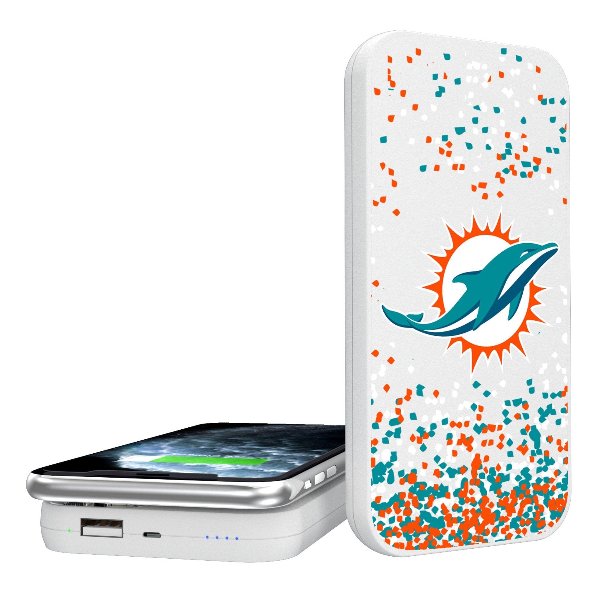 Miami Dolphins Confetti 5000mAh Portable Wireless Charger - Sports Gifts, Sports Memorabilia, Sports Collectibles, Fan Shop
