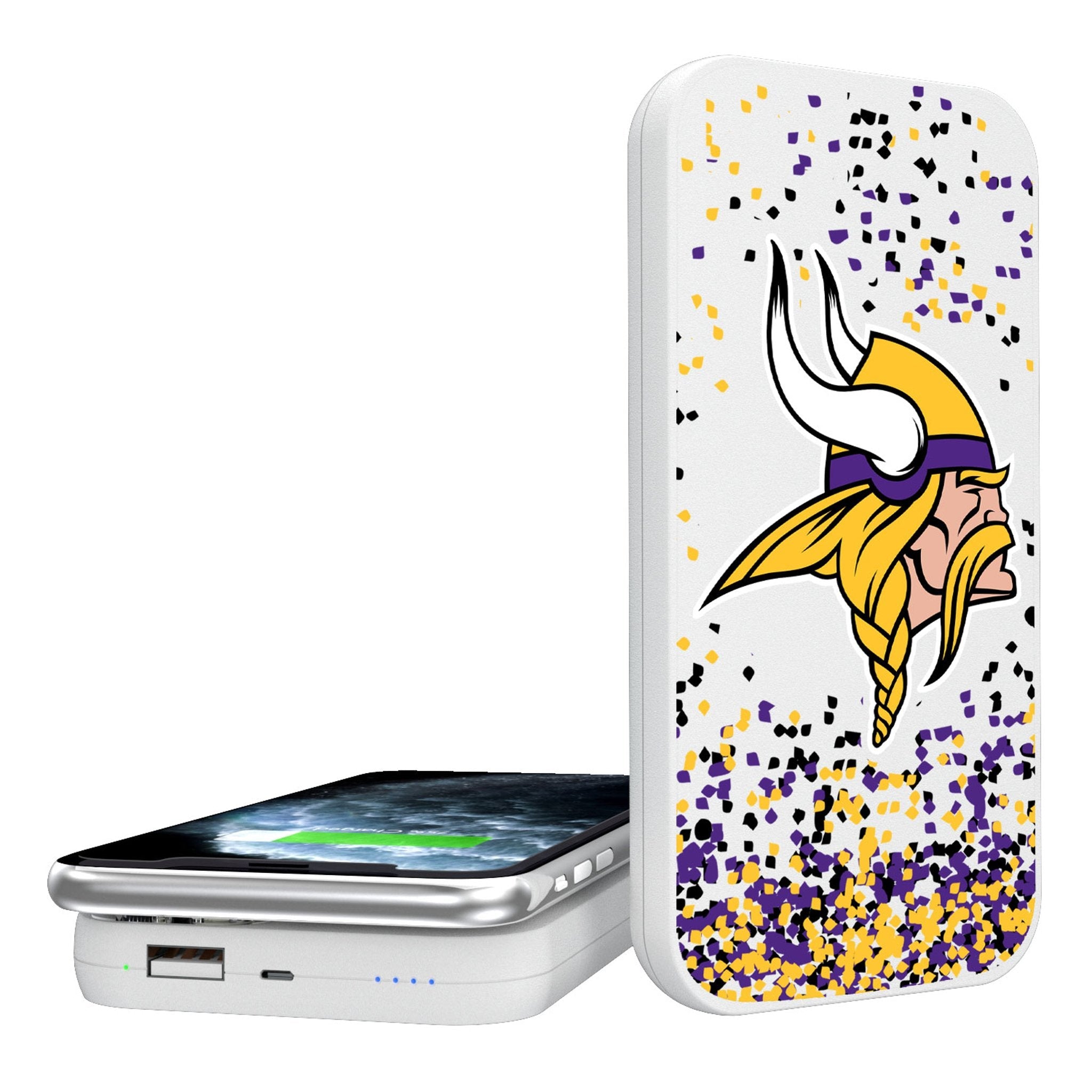 Minnesota Vikings Confetti 5000mAh Portable Wireless Charger - Sports Gifts, Sports Memorabilia, Sports Collectibles, Fan Shop