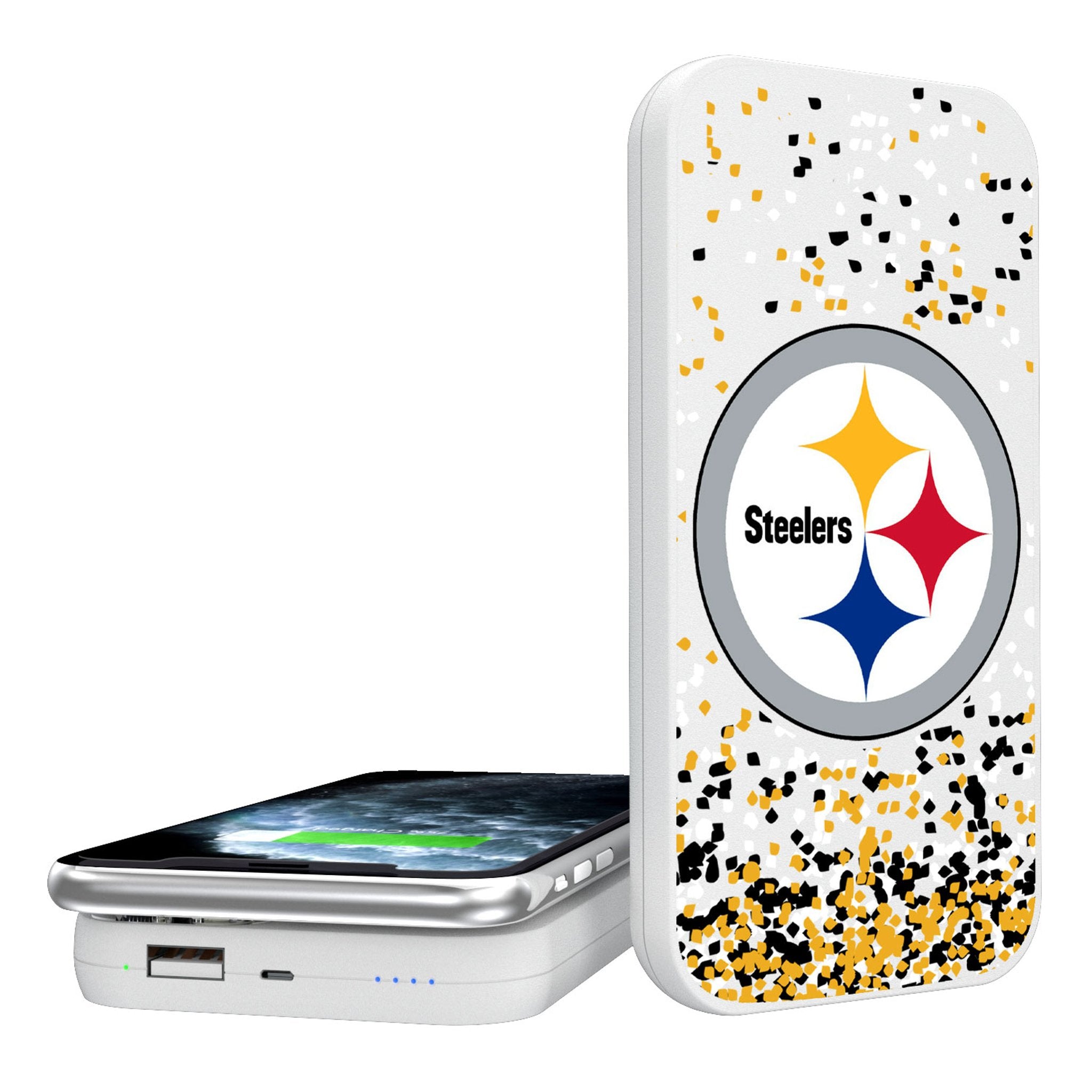 Pittsburgh Steelers Confetti 5000mAh Portable Wireless Charger - Sports Gifts, Sports Memorabilia, Sports Collectibles, Fan Shop