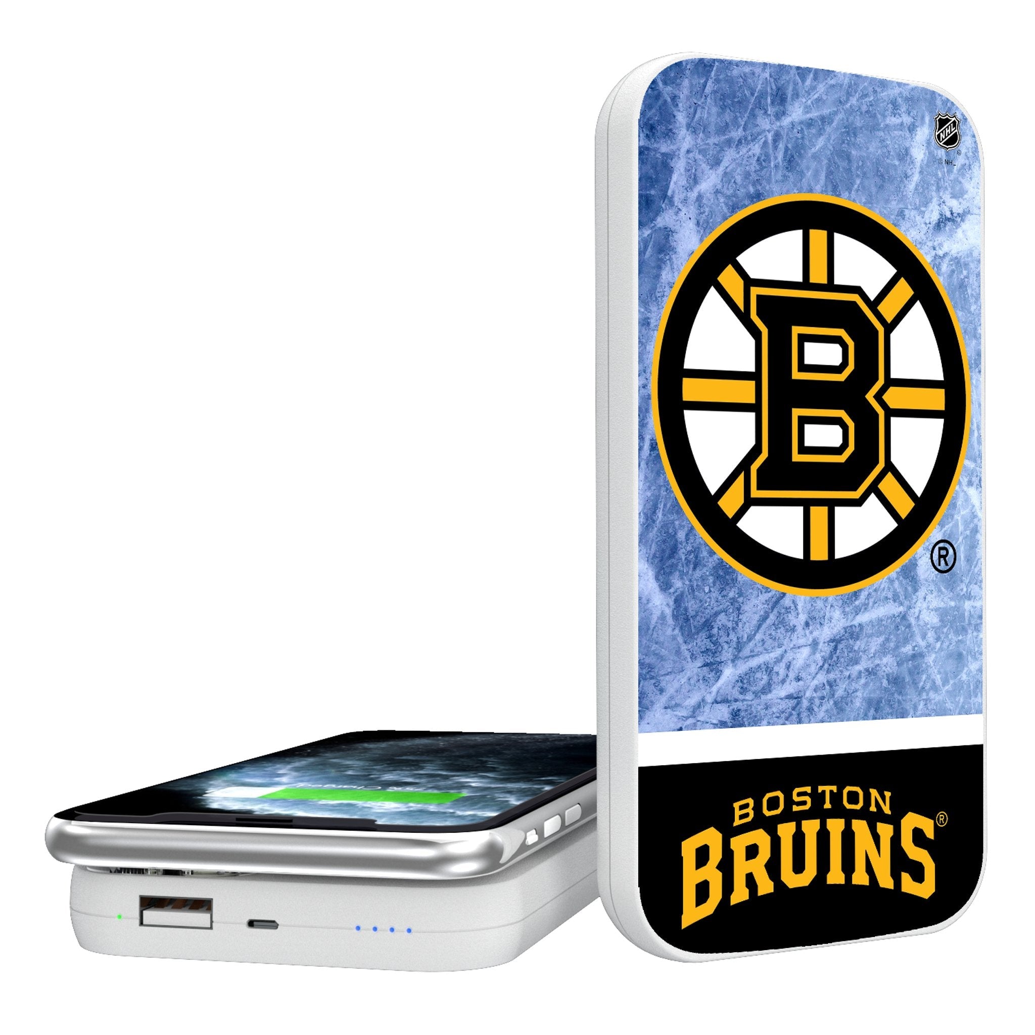 Boston Bruins Ice Wordmark 5000mAh Portable Wireless Charger - Sports Gifts, Sports Memorabilia, Sports Collectibles, Fan Shop