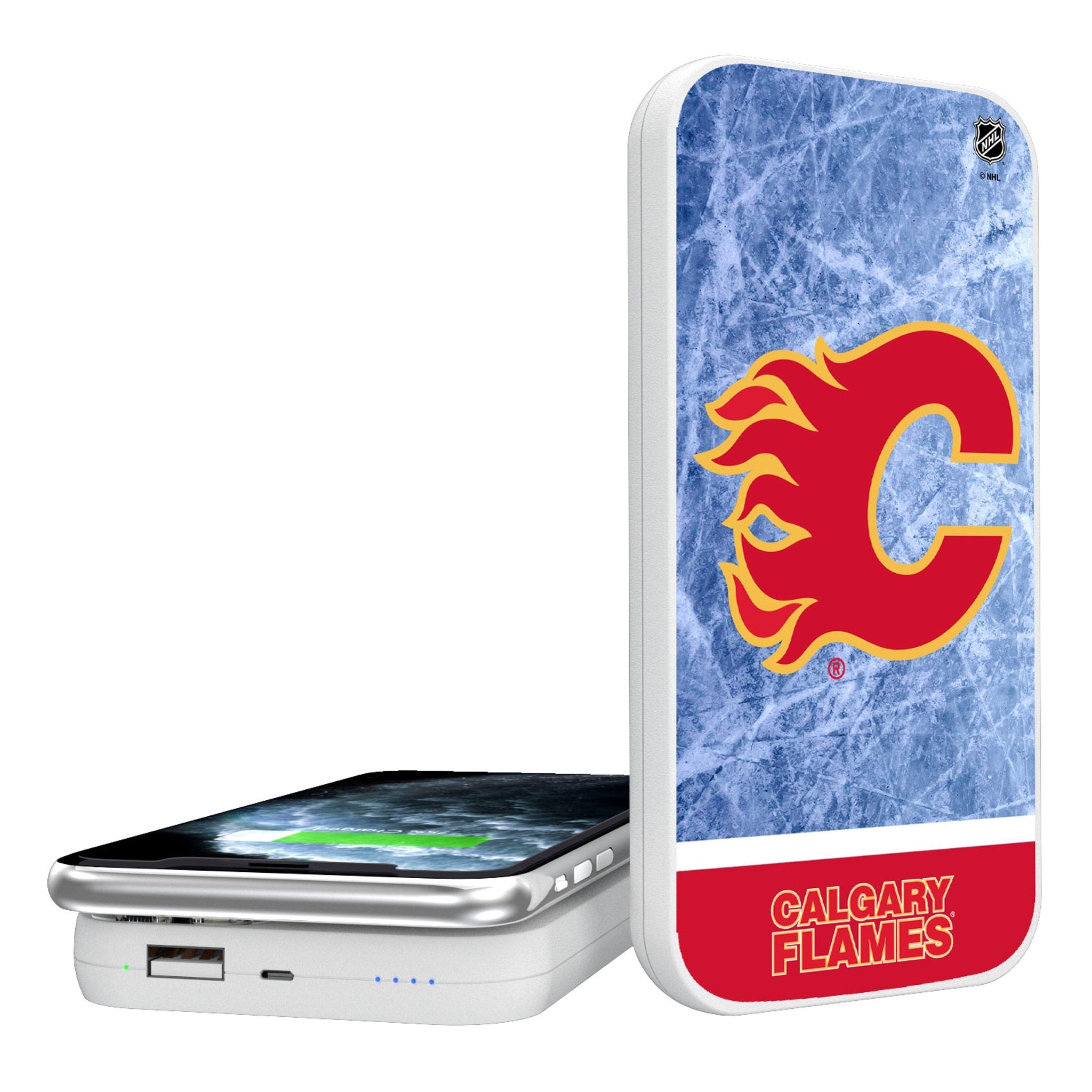 Calgary Flames Ice Wordmark 5000mAh Portable Wireless Charger - Sports Gifts, Sports Memorabilia, Sports Collectibles, Fan Shop