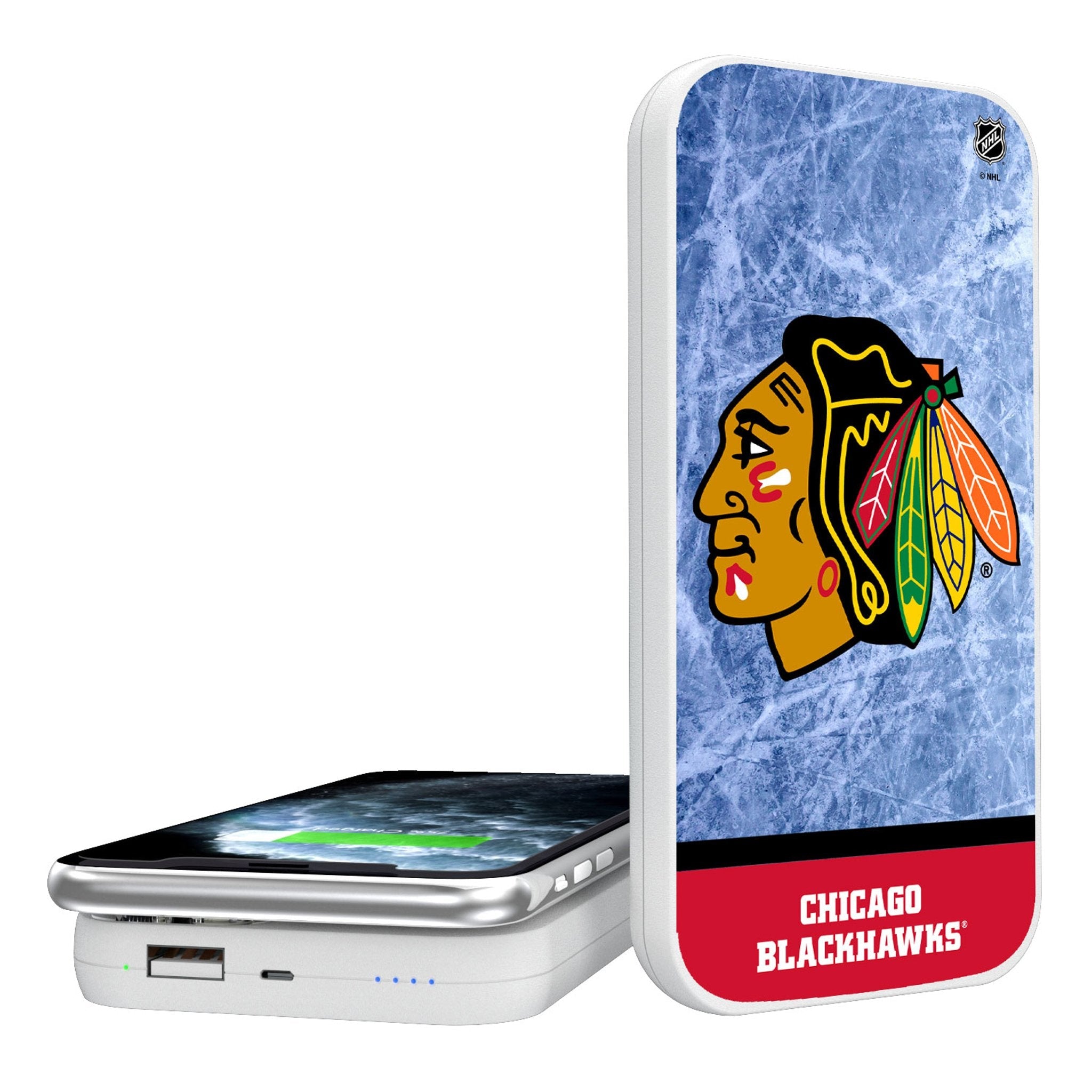 Chicago Blackhawks Ice Wordmark 5000mAh Portable Wireless Charger - Sports Gifts, Sports Memorabilia, Sports Collectibles, Fan Shop