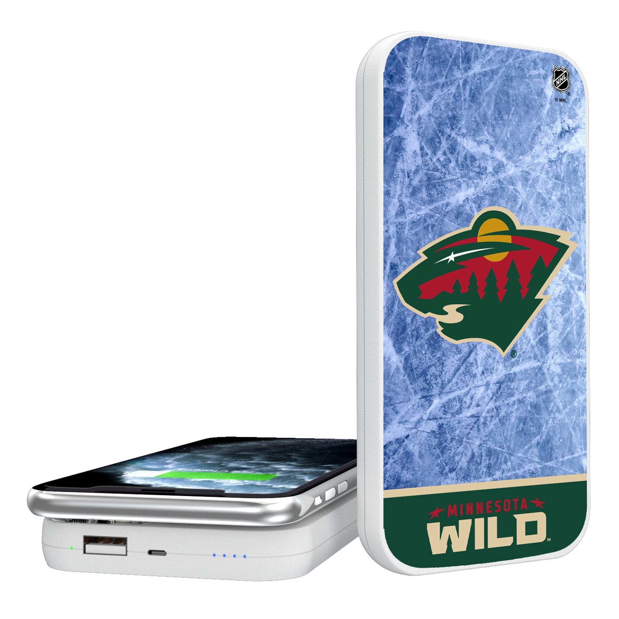 Minnesota Wild Ice Wordmark 5000mAh Portable Wireless Charger - Sports Gifts, Sports Memorabilia, Sports Collectibles, Fan Shop