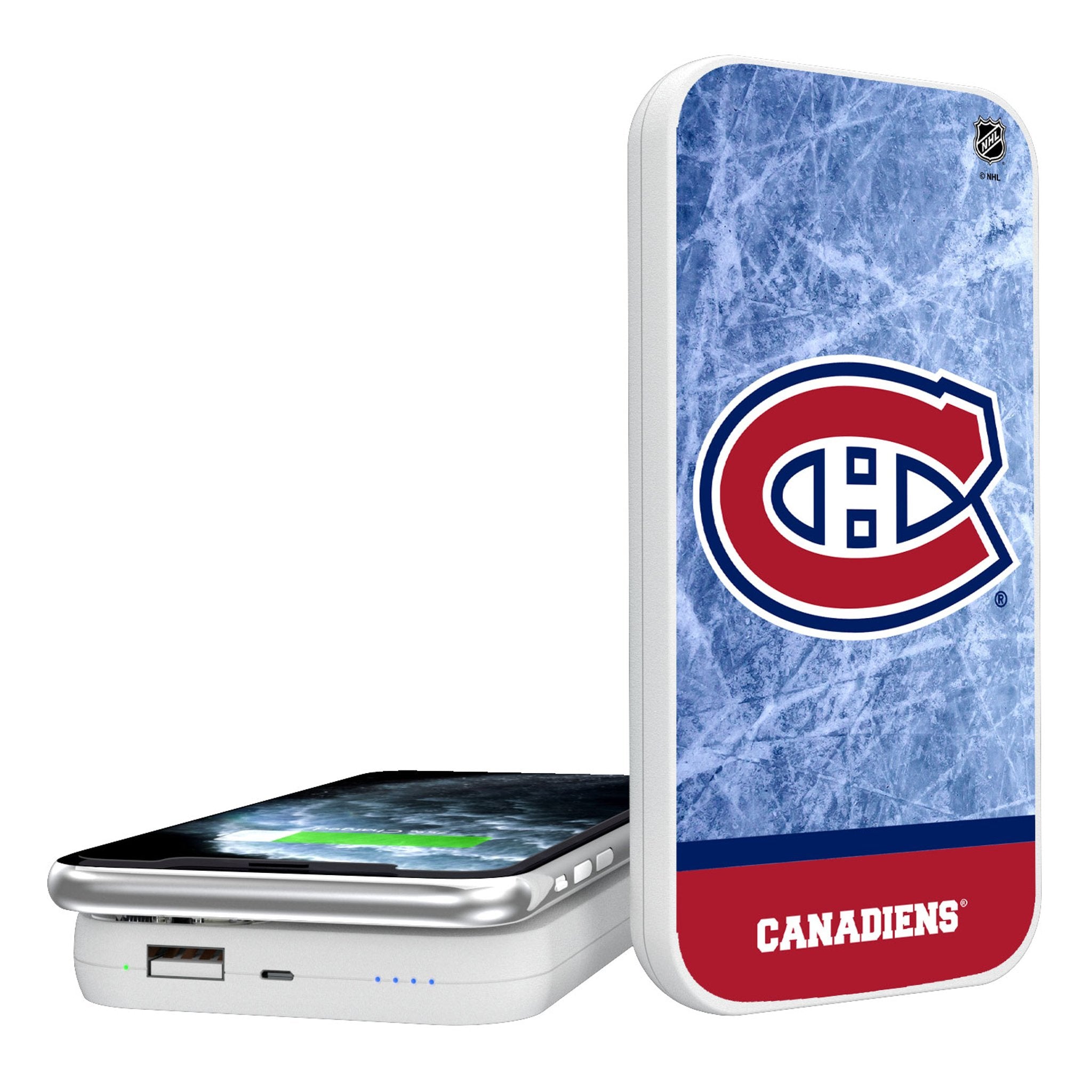 Montreal Canadiens Ice Wordmark 5000mAh Portable Wireless Charger - Sports Gifts, Sports Memorabilia, Sports Collectibles, Fan Shop