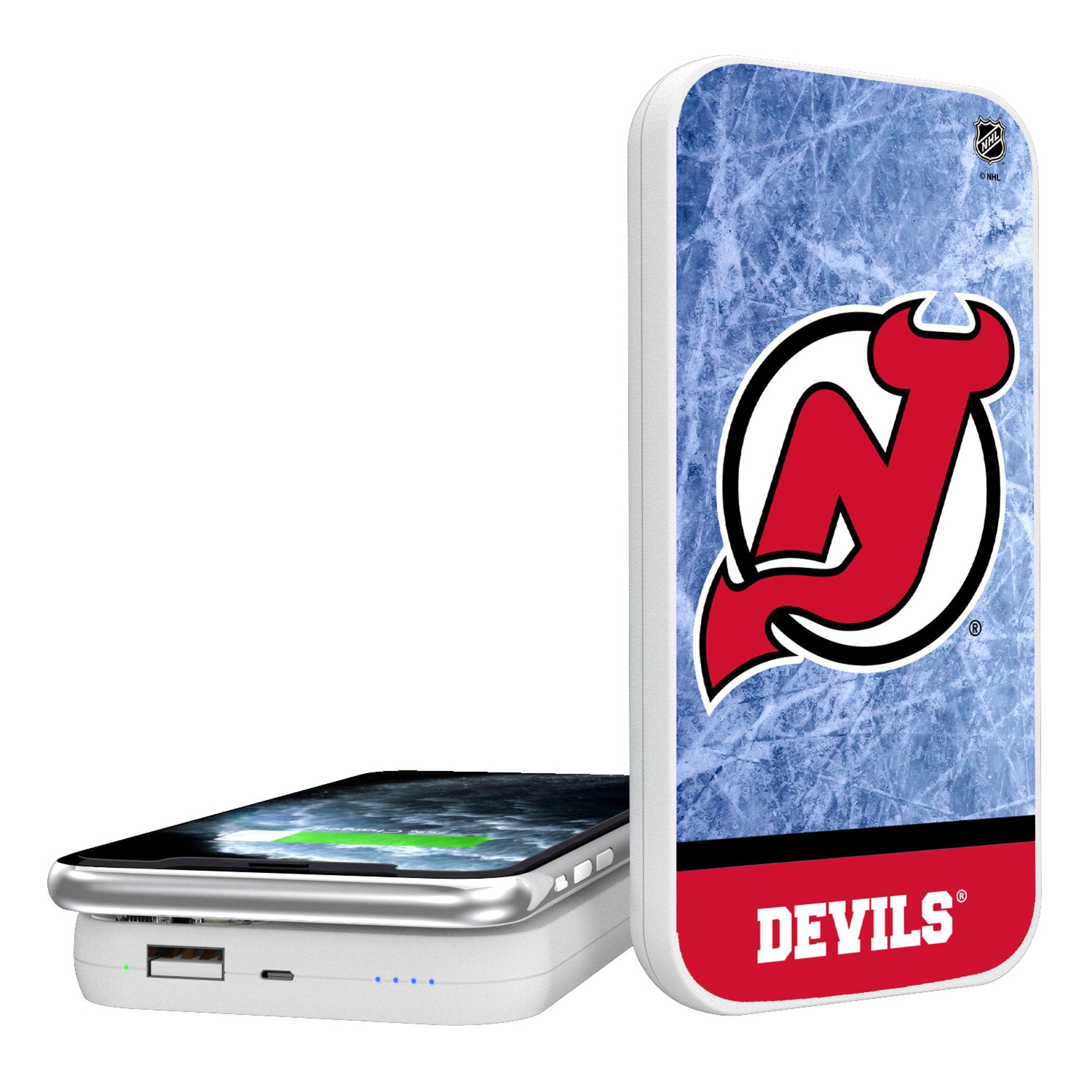 New Jersey Devils Ice Wordmark 5000mAh Portable Wireless Charger - Sports Gifts, Sports Memorabilia, Sports Collectibles, Fan Shop