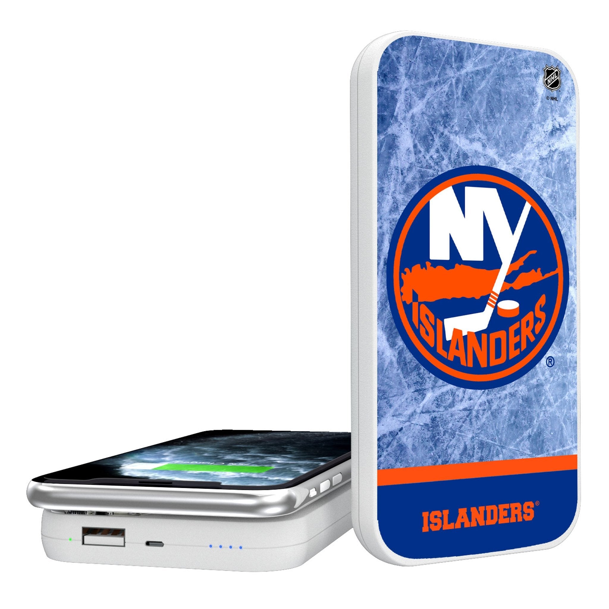 New York Islanders Ice Wordmark 5000mAh Portable Wireless Charger - Sports Gifts, Sports Memorabilia, Sports Collectibles, Fan Shop