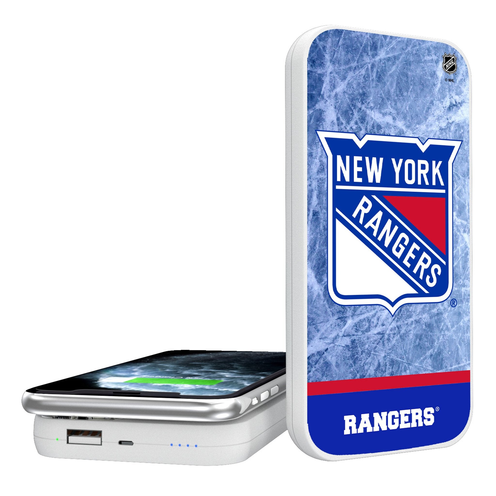 New York Rangers Ice Wordmark 5000mAh Portable Wireless Charger - Sports Gifts, Sports Memorabilia, Sports Collectibles, Fan Shop