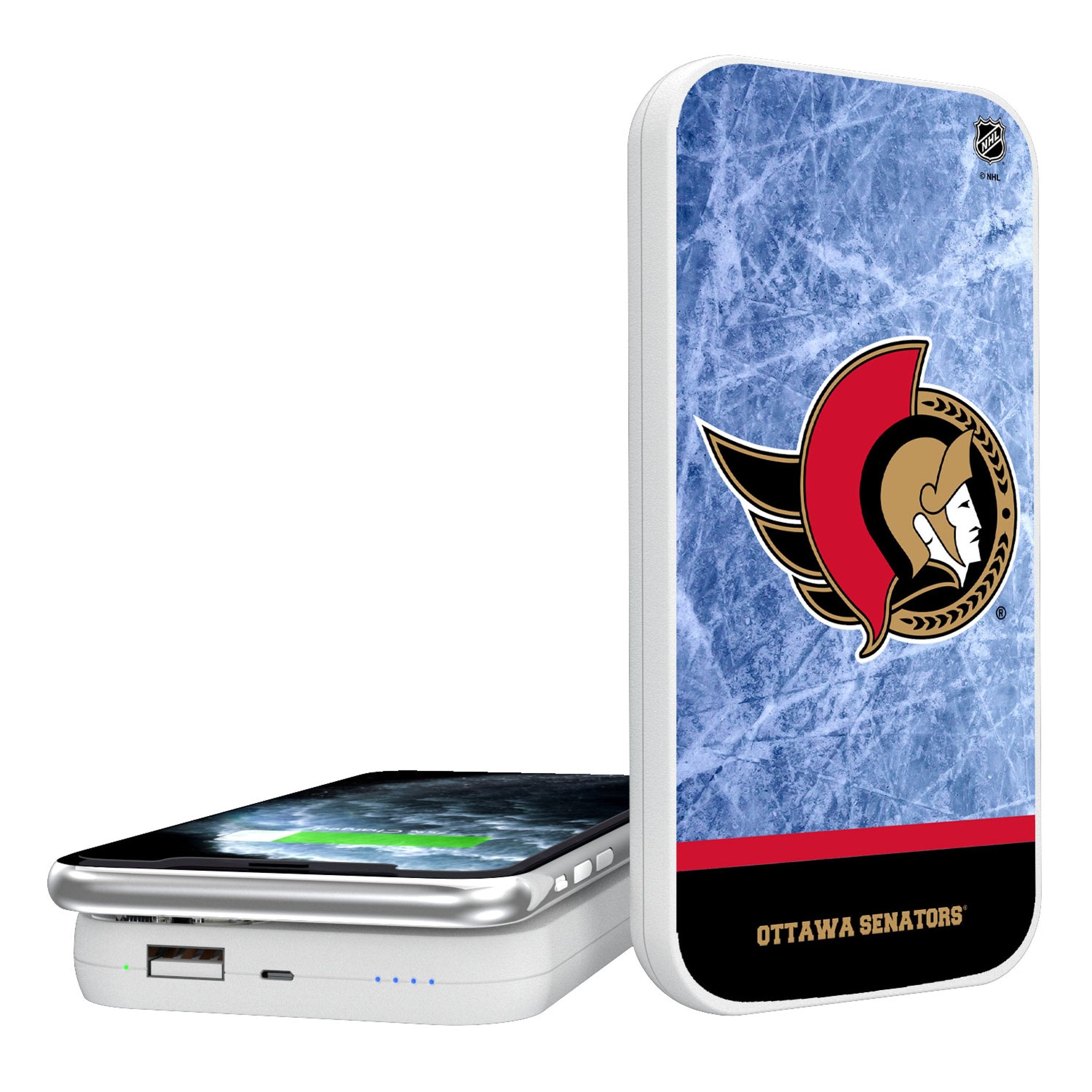 Ottawa Senators Ice Wordmark 5000mAh Portable Wireless Charger - Sports Gifts, Sports Memorabilia, Sports Collectibles, Fan Shop