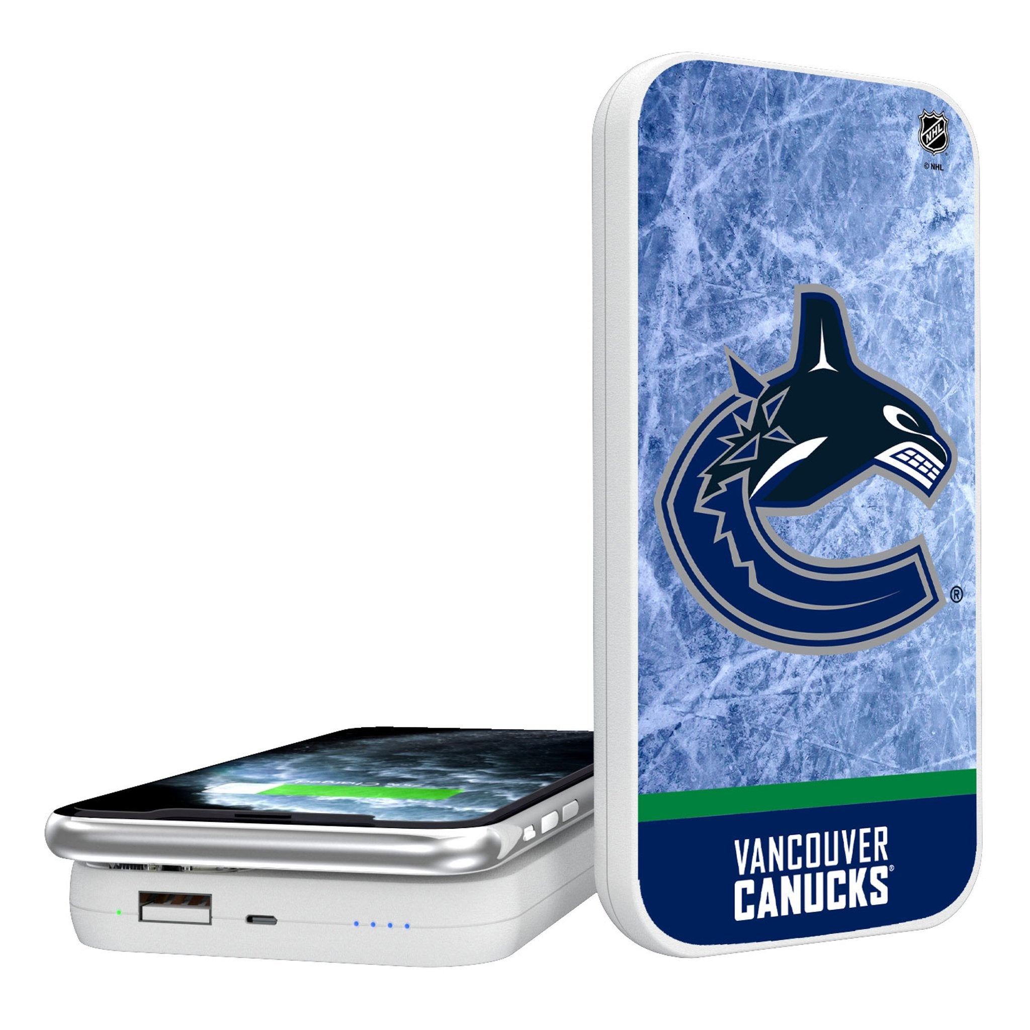 Vancouver Canucks Ice Wordmark 5000mAh Portable Wireless Charger - Sports Gifts, Sports Memorabilia, Sports Collectibles, Fan Shop