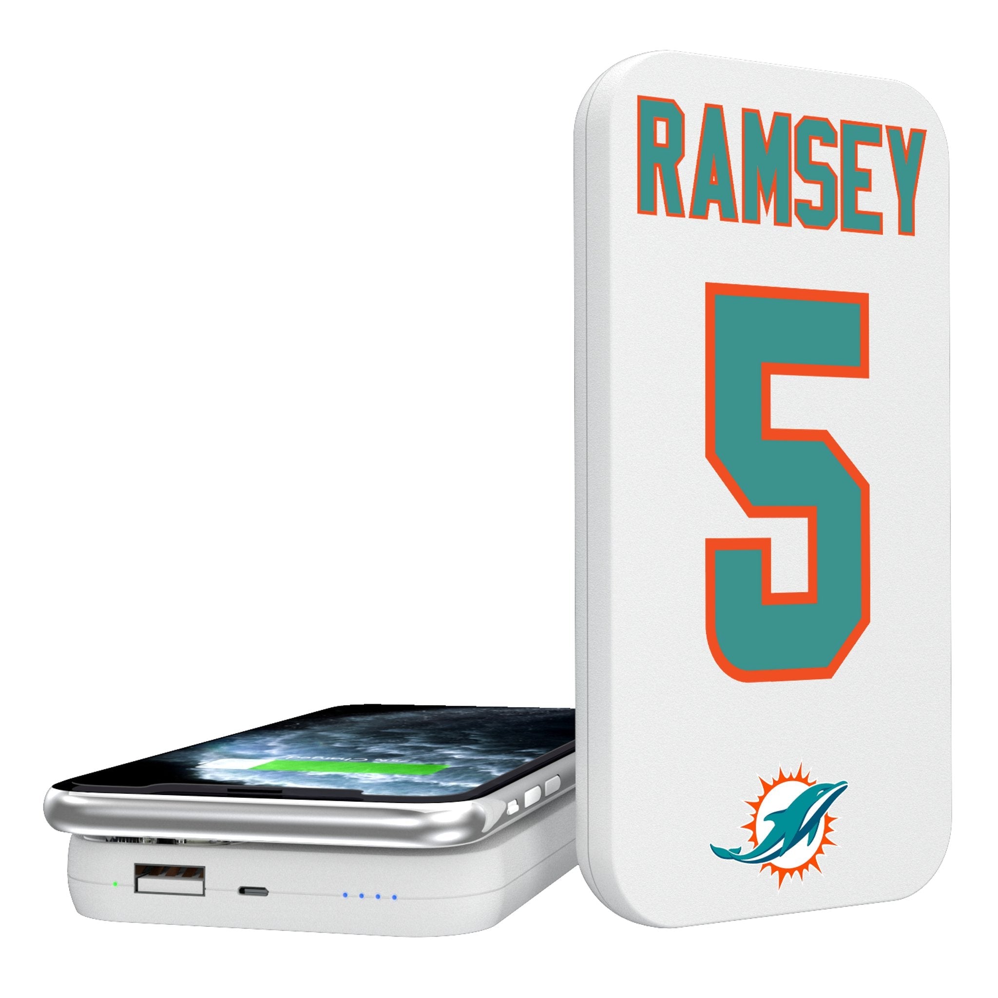 Jalen Ramsey Miami Dolphins 5 Ready 5000mAh Portable Wireless Charger - Sports Gifts, Sports Memorabilia, Sports Collectibles, Fan Shop