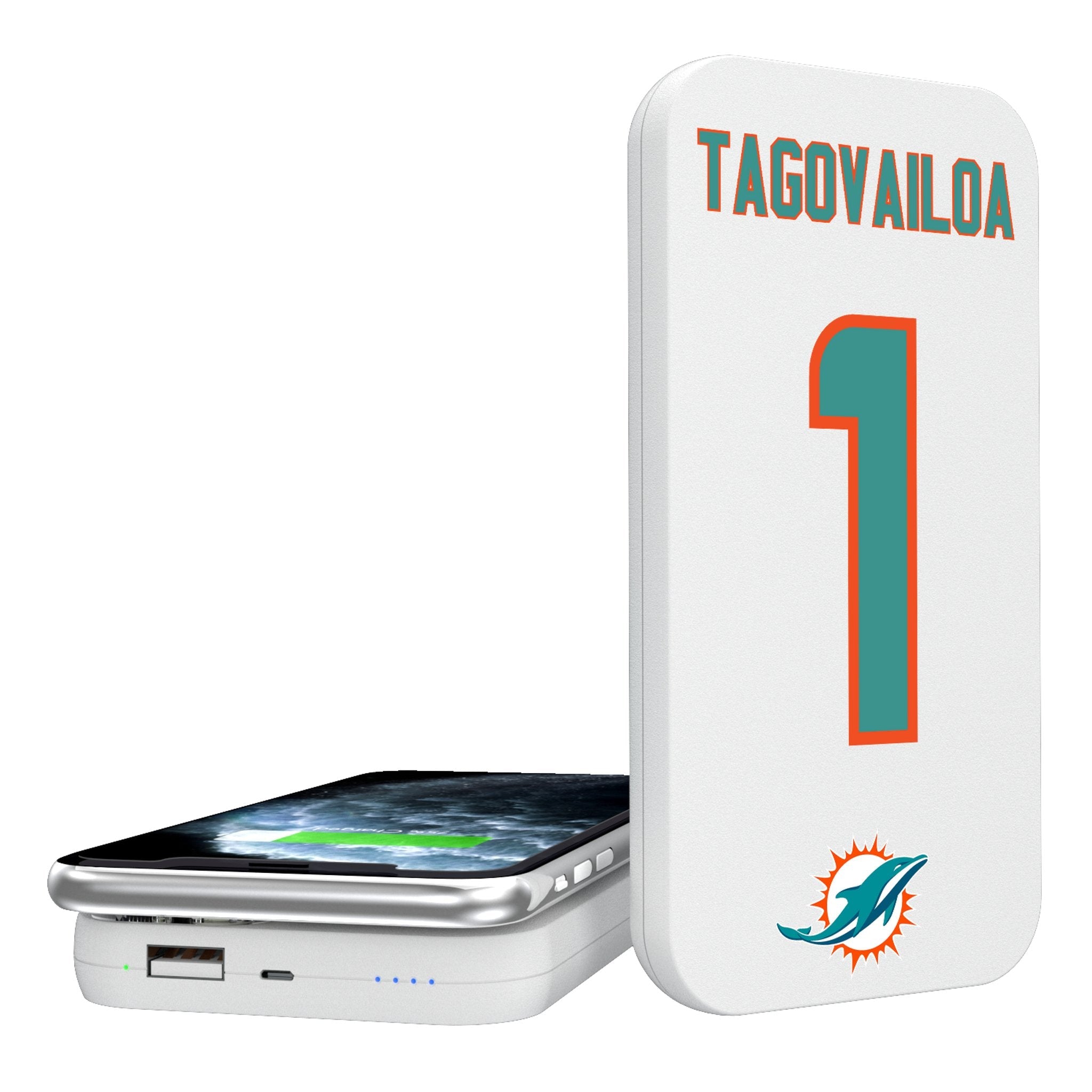 Tua Tagovailoa Miami Dolphins 1 Ready 5000mAh Portable Wireless Charger - Sports Gifts, Sports Memorabilia, Sports Collectibles, Fan Shop