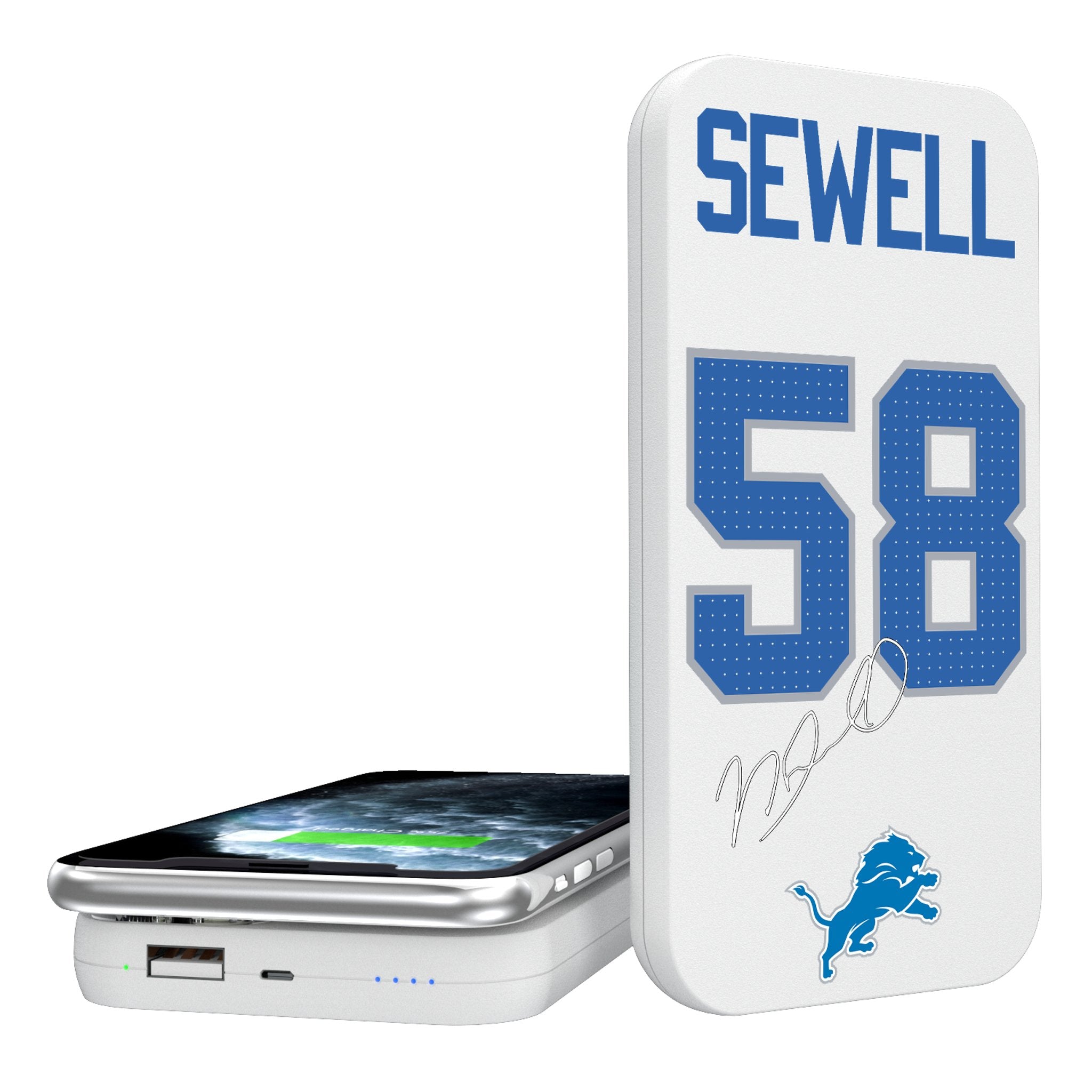 Penei Sewell Detroit Lions 58 Ready 5000mAh Portable Wireless Charger - Sports Gifts, Sports Memorabilia, Sports Collectibles, Fan Shop