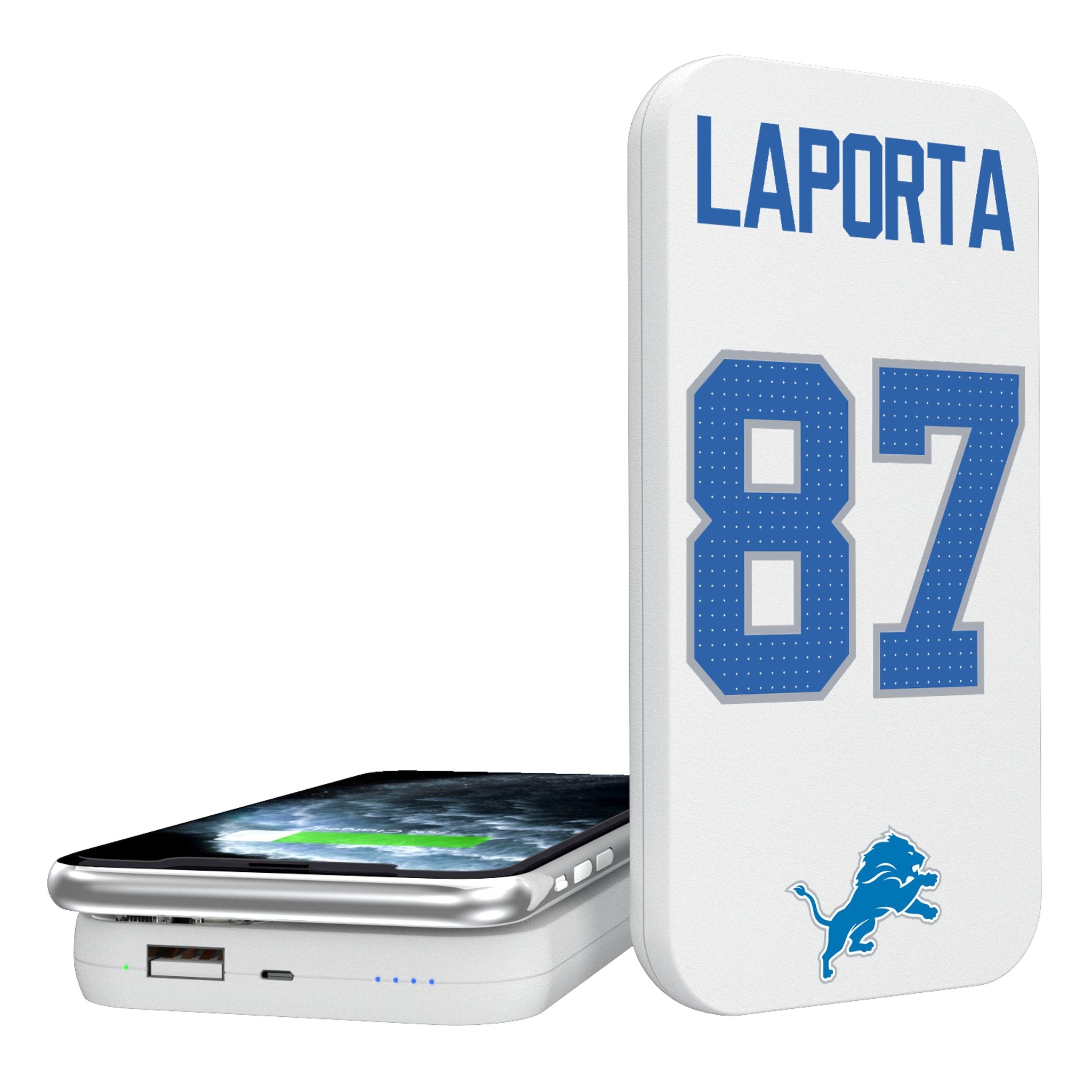 Sam LaPorta Detroit Lions 87 Ready 5000mAh Portable Wireless Charger - Sports Gifts, Sports Memorabilia, Sports Collectibles, Fan Shop