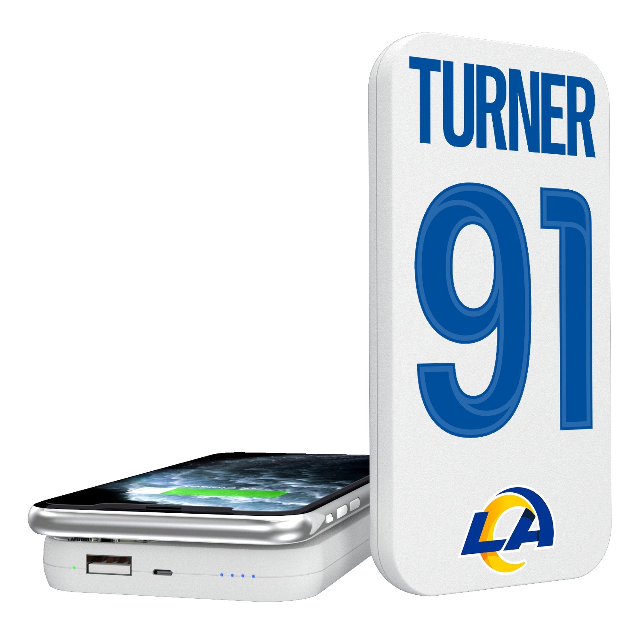 Kobie Turner Los Angeles Rams 91 Ready 5000mAh Portable Wireless Charger - Sports Gifts, Sports Memorabilia, Sports Collectibles, Fan Shop