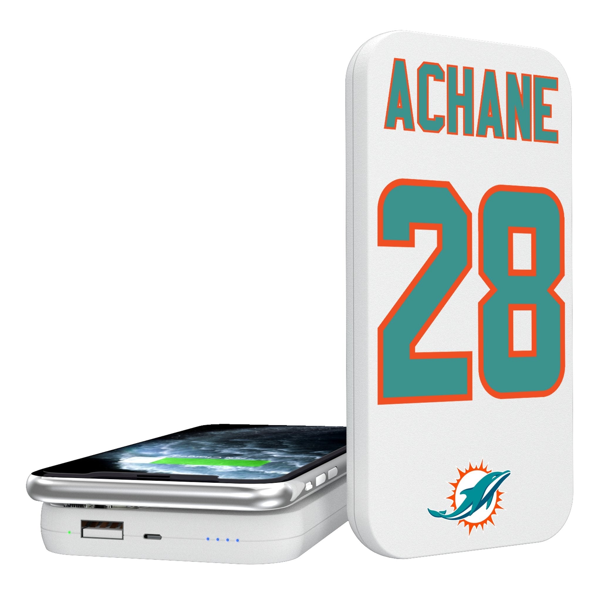 De'Von Achane Miami Dolphins 28 Ready 5000mAh Portable Wireless Charger - Sports Gifts, Sports Memorabilia, Sports Collectibles, Fan Shop