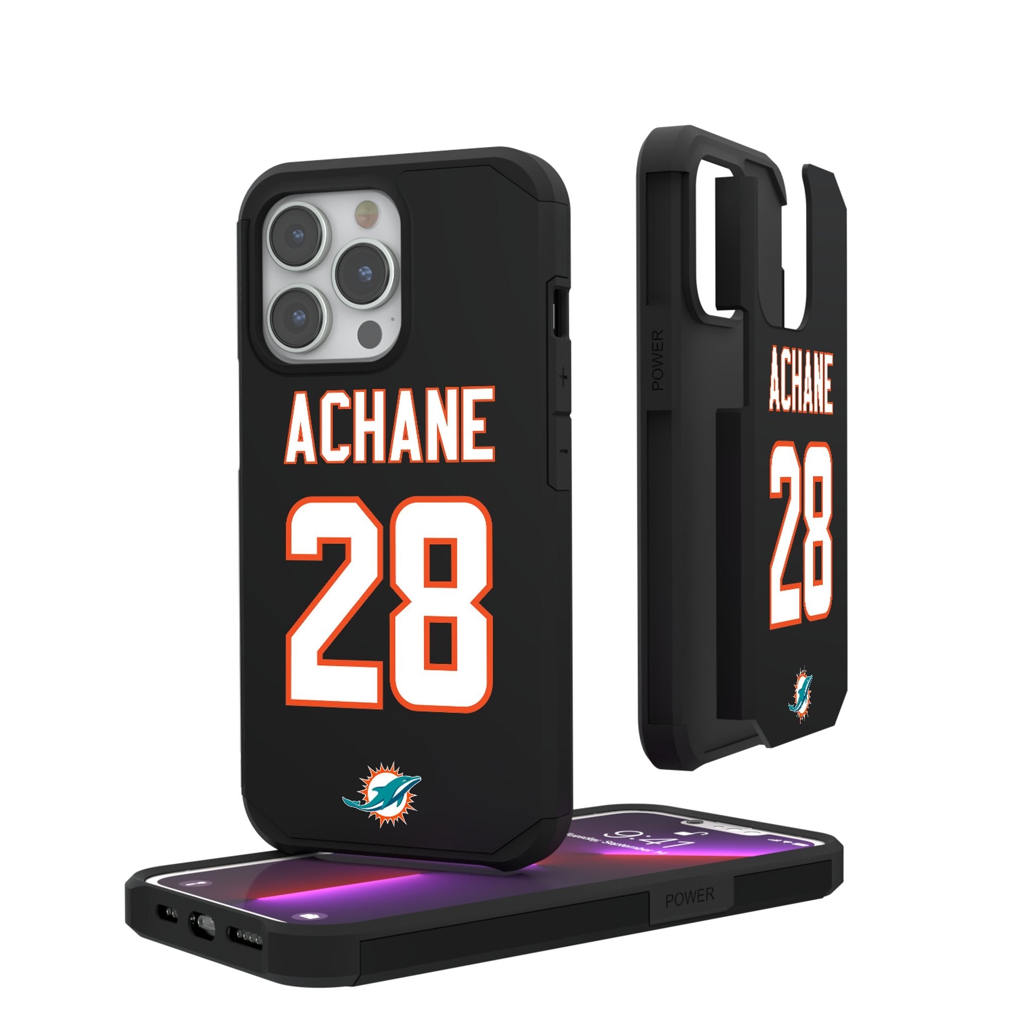De'Von Achane Miami Dolphins 28 Ready Rugged Phone Case - Sports Gifts, Sports Memorabilia, Sports Collectibles, Fan Shop