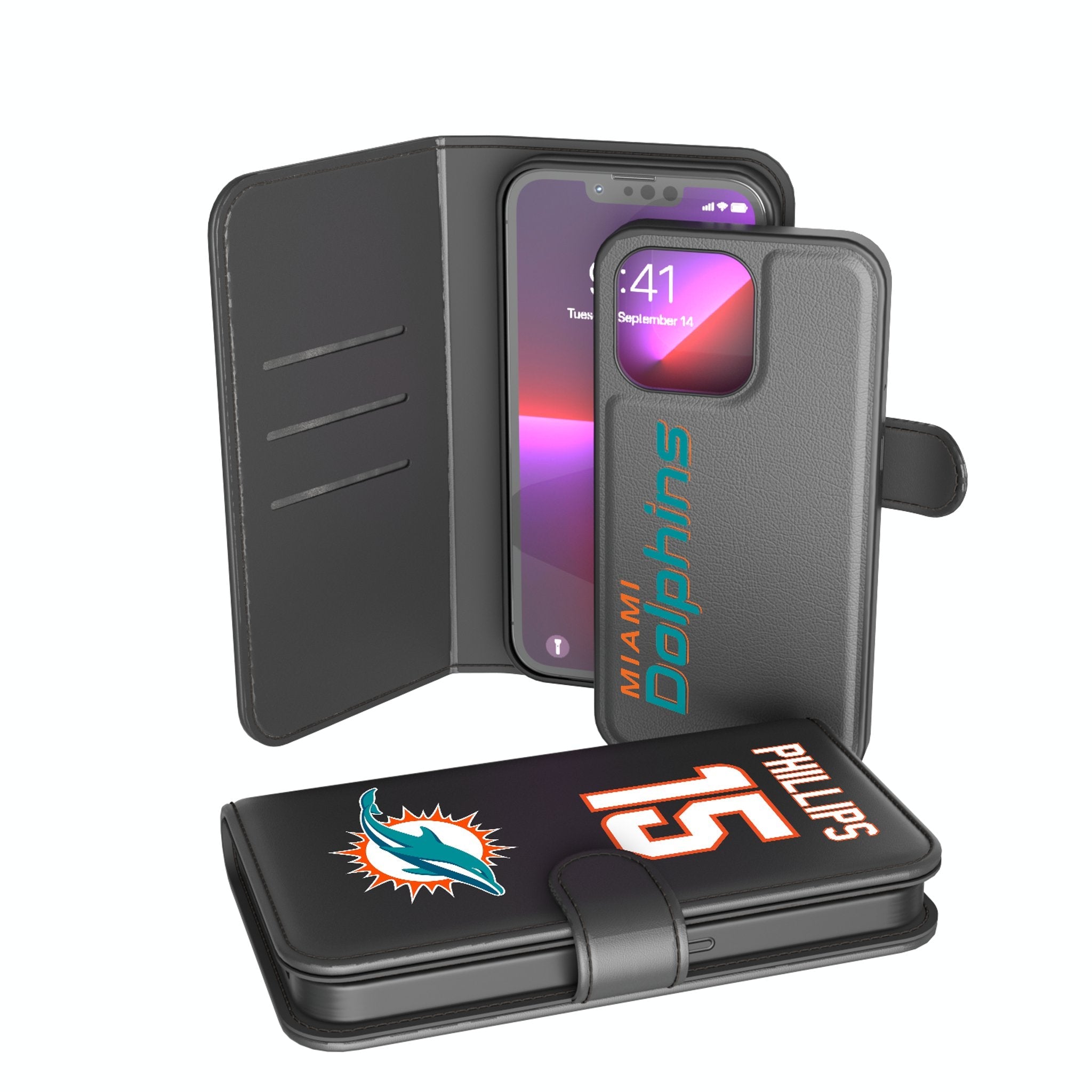 Jaelan Phillips Miami Dolphins 15 Ready Wallet Phone Case - Sports Gifts, Sports Memorabilia, Sports Collectibles, Fan Shop