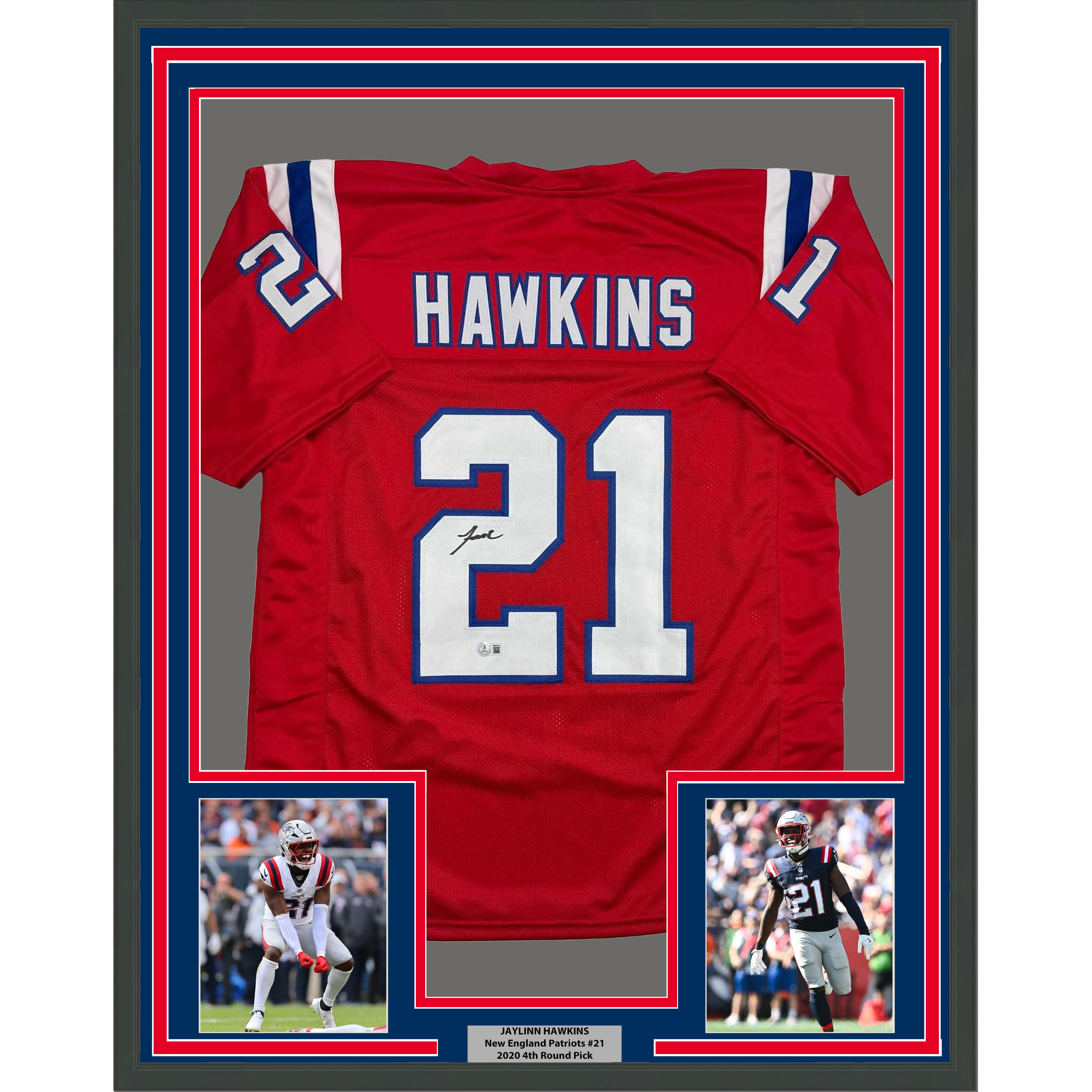 Framed Autographed/Signed Jaylinn Hawkins 35x39 New England Red Football Jersey Beckett BAS COA