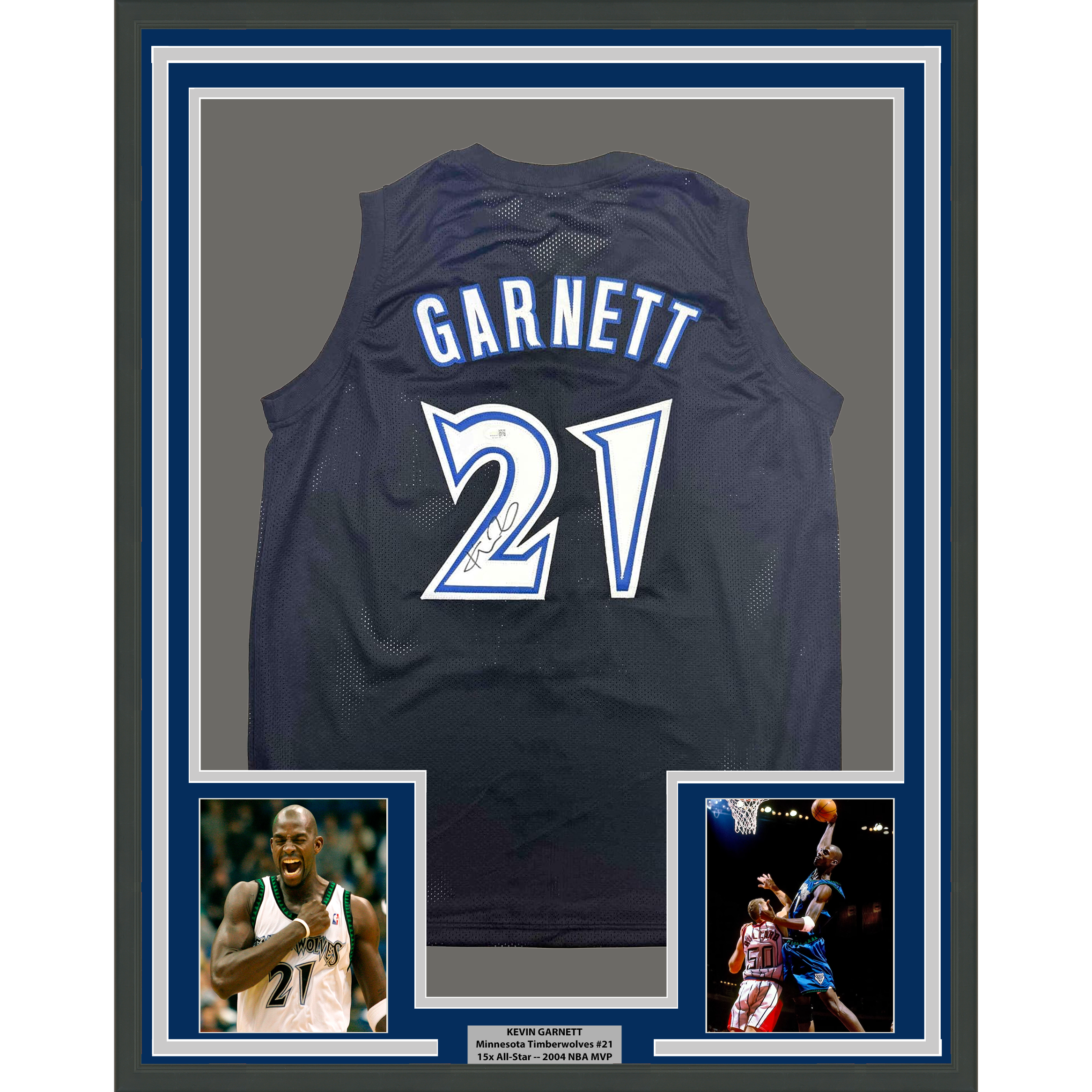 Framed Autographed/Signed Kevin Garnett 35x39 Minnesota Black Basketball Jersey Beckett BAS COA