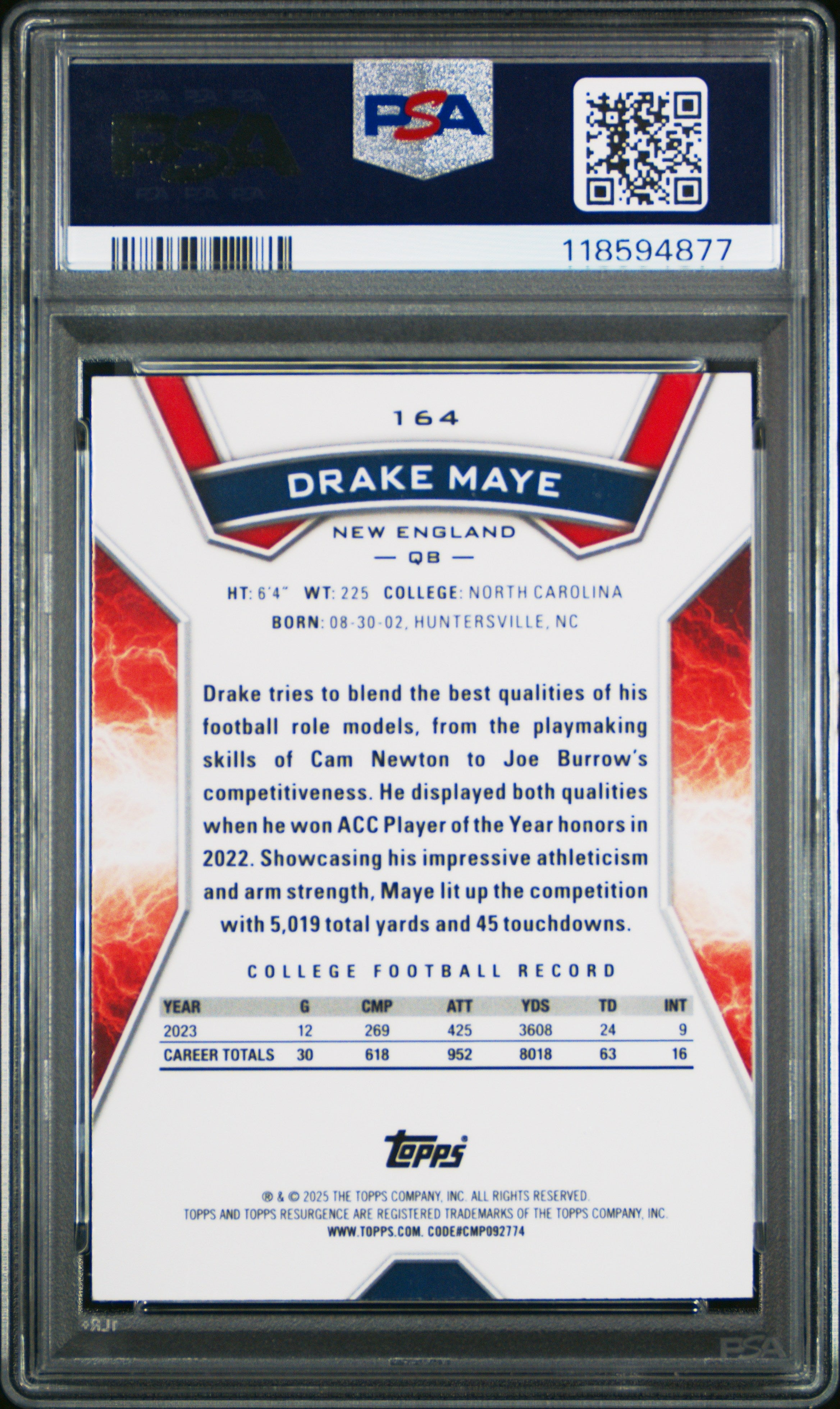 Graded 2024 Topps Resurgence Drake Maye #164 Rookie RC Football Card PSA 10 Gem Mint