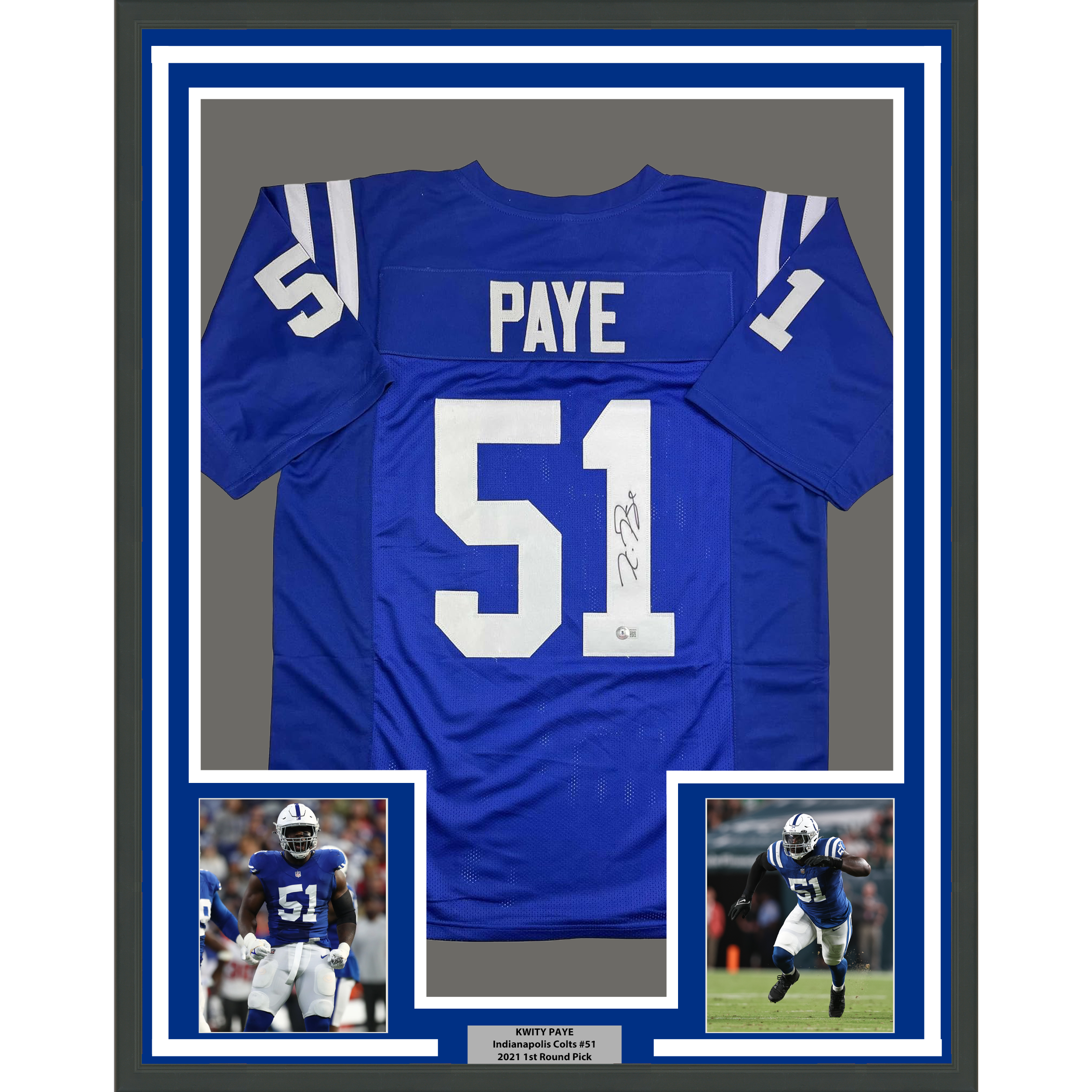 Framed Autographed/Signed Kwity Paye 35x39 Indianapolis Blue Football Jersey Beckett BAS COA
